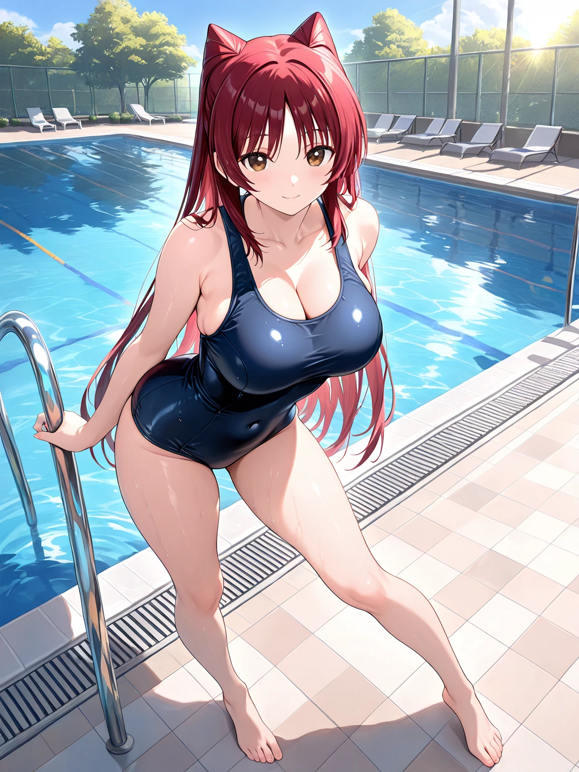 Red_hair, blue_hair, 2girls, sex, pool, green_eyes, naked, medium_breast, medium_hair, feet