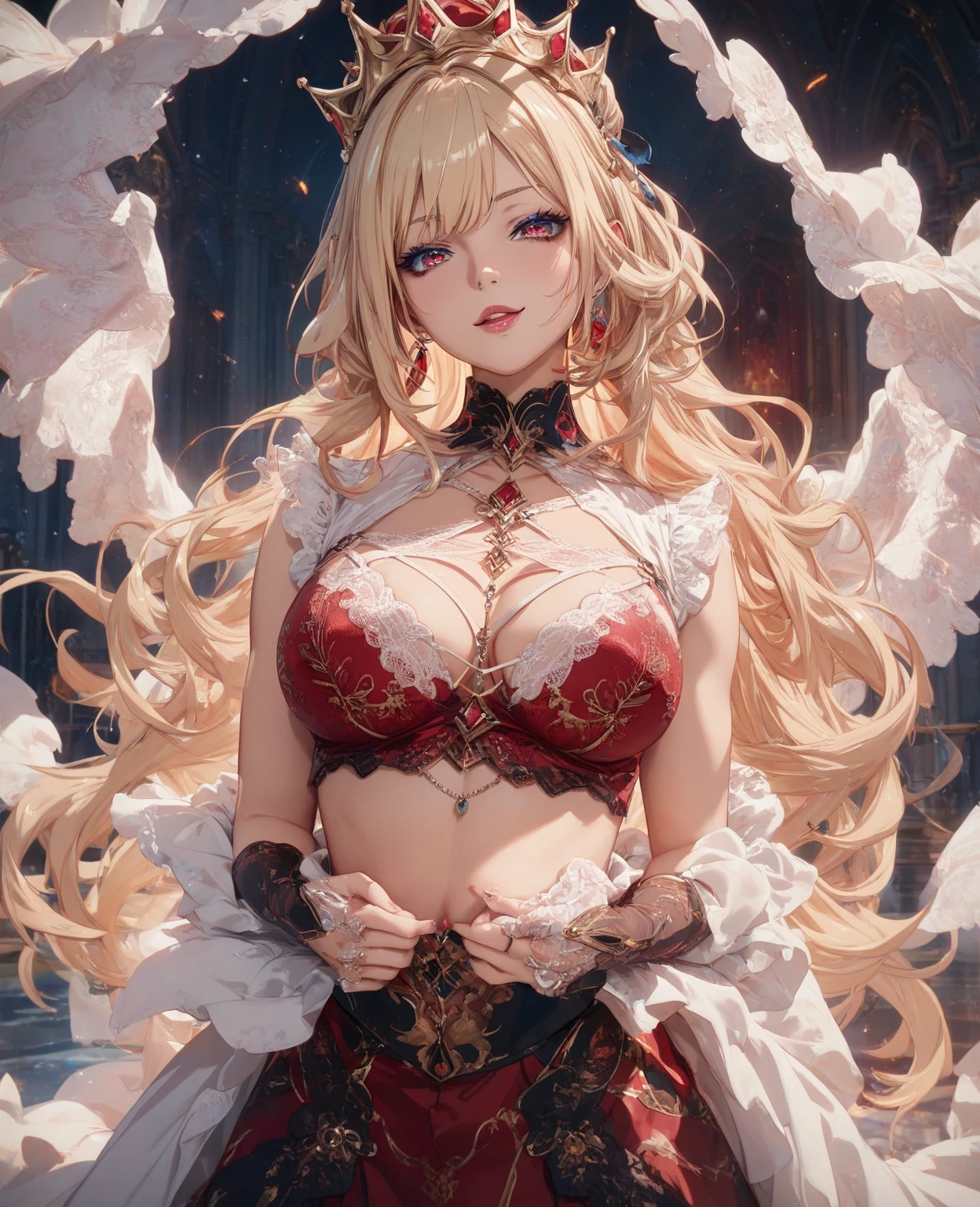 masterpiece:1.4,best-quality,Super Detail,Very Delicate and Beautiful, ((( nsfw, bdsm, naked royal woman with spread legs, pussy, vagina, cum, orgasming, garter belt, garter stocking, royalty dress ))), very gigantic breasts, cleavage, very slender, off-shoulder, perfect face, beautiful eyes, sitting