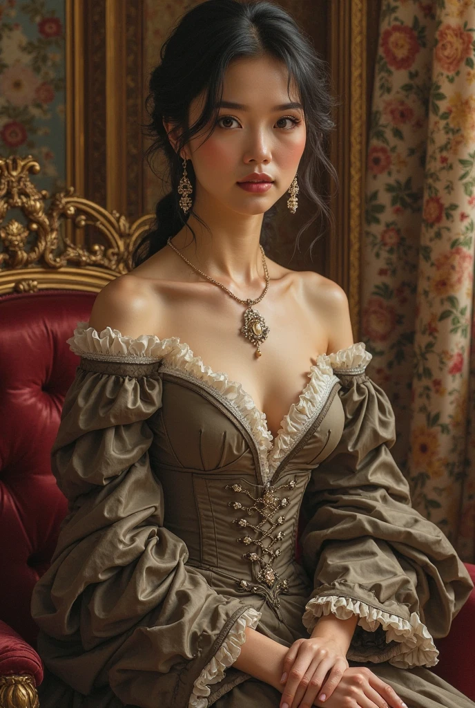 a beautiful women , perfect face, full body, victorian era, noble dress, complicated decoration, spelling, talking, smiling, arms behind back, soft rim light, beautiful detailed sky, masterpiece, ultra high res, high quality, 4k, (photorealistic:1.2), photo,