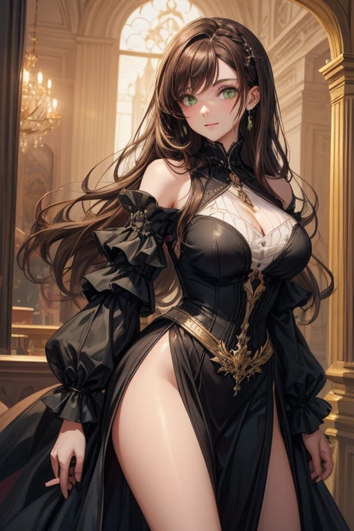 Brown hair, fair skin, green eyes, wearing a black dress, it’s mostly covered expect on her wait, clevedge, and arms. She has long lashes, scars on her arms and thighs (she’s insecure about them) she has gold jewelry on her ears, neck, nose, wrist, ankles, boobs.  She is uner candlelight in a bedroom.