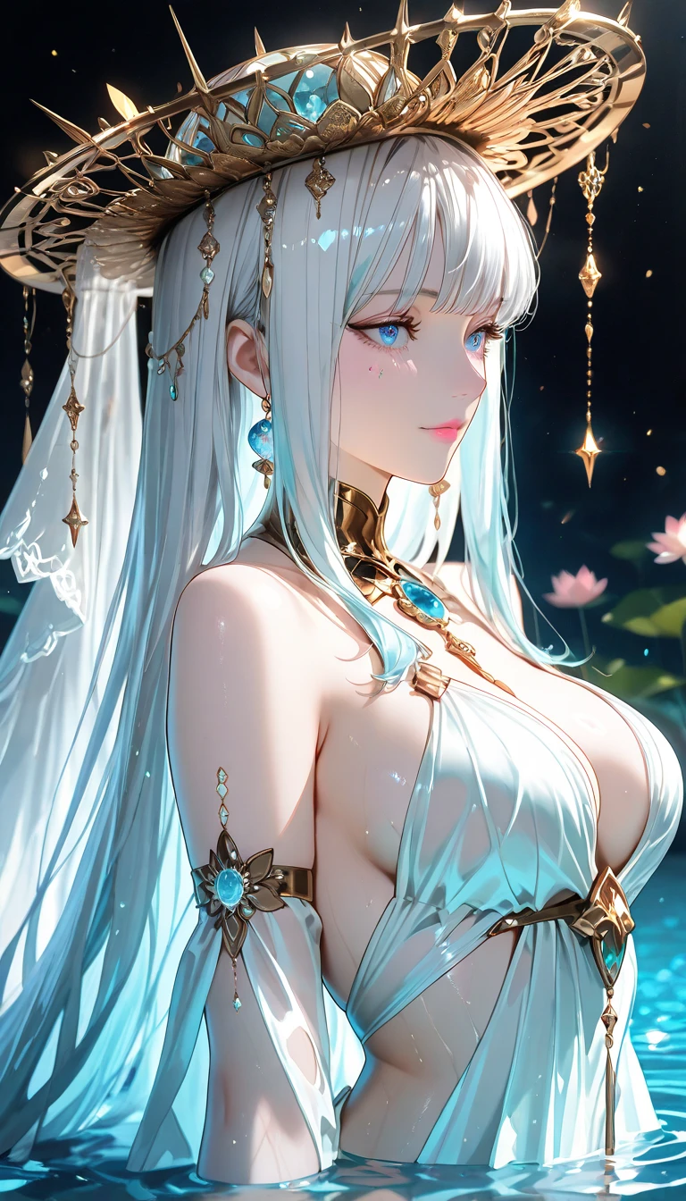 (best quality,4k,8k,highres,masterpiece:1.2),ultra-detailed,realistic,portrait,white hair,[purple eyes],glowing eyes,[crop top],skirt,[parted lips],blush,[night],[flowers],[sun],[sunlight],[vivid colors],[light and shadow],[subtle glow],[beautiful pose],mysterious ambiance,ethereal beauty,soft atmosphere,delicate petals,graceful movement