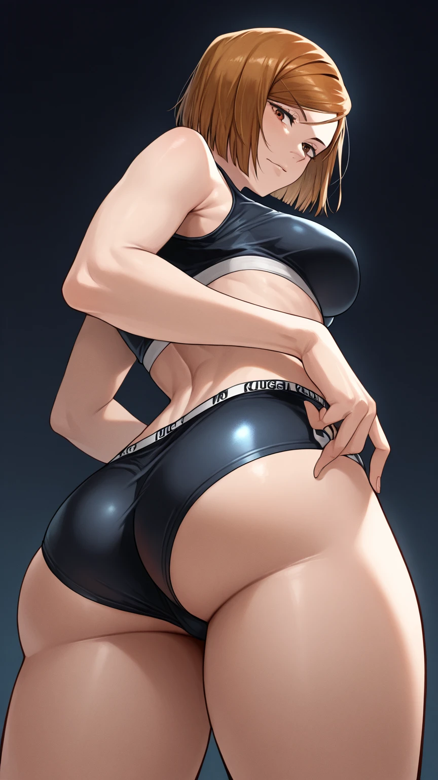 euphoria-style, score_7_up, source_anime, very aesthetic, absurdres, rating explicit, 1girl, solo, looking at viewer, blush, cowboy shot, simple white background, large breasts, swimsuit, ass, lying, on side, short hair, shiny, shiny skin