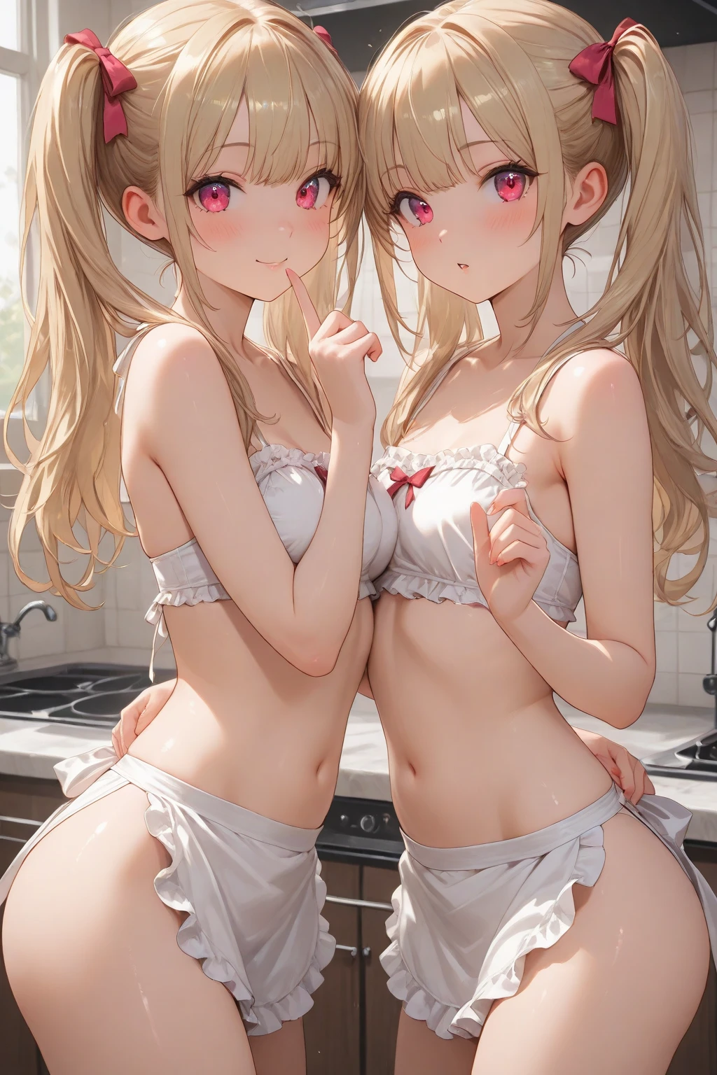 ((masterpiece, best quality, ultra quality, high quality, hyper detailed, intricate detailed, perfect anatomy, shiny skin, cowboy shot,)), (3 woman:1.5), cute woman are posing for a camera,  (In the tavern at night:1.2)、  (Lifting SHIRT:1.3),  (open your mouth and laugh:1.3),  (line up in a row)、(tits)、hair band, headband, hair bobbles, blouse, shirt,silver hair, brown hair, blond hair, (navel), jewelry, looking at viewer, necklace, long hair, short hair, (abs), (Depth of the bounds written), panties,