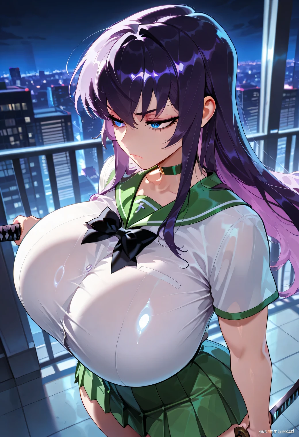 Masterpiece, source_anime, top-quality, perfect anatomically, correct anatomy, sharp focus, 4K, 8K, anime girl, 2.5D, perfect light, cinematic shadows, highres, beautiful face girl, ultra detail, correct details, perfect details, 1girl, solo, Saeko Busujima[Highschool of the dead], bright skin, purple hair, long hair, smooth hair, straight hair, bangs, blue eyes, eyelashes, eyes detailed, sharp eyes, curvy, highres, tall:1.3, sexy body figure, very big breasts, huge size breasts, large size breasts, huge size breasts:2.3, thick size breasts, gigantic breasts, breasts bigger than head, thick hips, thick thighs, school uniform, white shirt, short sleeves, green collar, short skirt, pleated skirt, green skirt, bare legs, standing, holding a katana sword, unsheathing the katana, reflective katana, frown, serious eyes, close mouth, wind blows, hair flies, side view, close up, upper body, on the rooftop of building, night time, night atmosphere, night sky, dark atmosphere, cityscape, angel view, cityscape background from above view, glossy skin, skin details, safe for work, Balecxi Style