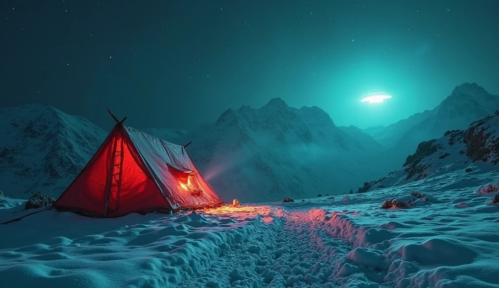 "Thumbnail estilo viral de YouTube, realistic cinematic design. An abandoned snow-capped mountain camp at night, torn tent illuminated by an intense red light, footprints disappearing into the dark. IN THE SKY, mysterious lights shining like UFOs in contrasting blue and green, criando suspense. Em primeiro plano, a short and flashy text in large letters with a cracked ice effect: 'Dyatlov Mystery'. Cores vibrantes (azul gelo + vermelho intenso), contraste exagerado, Dark and intriguing atmosphere. Full HD resolution 1920x1080."