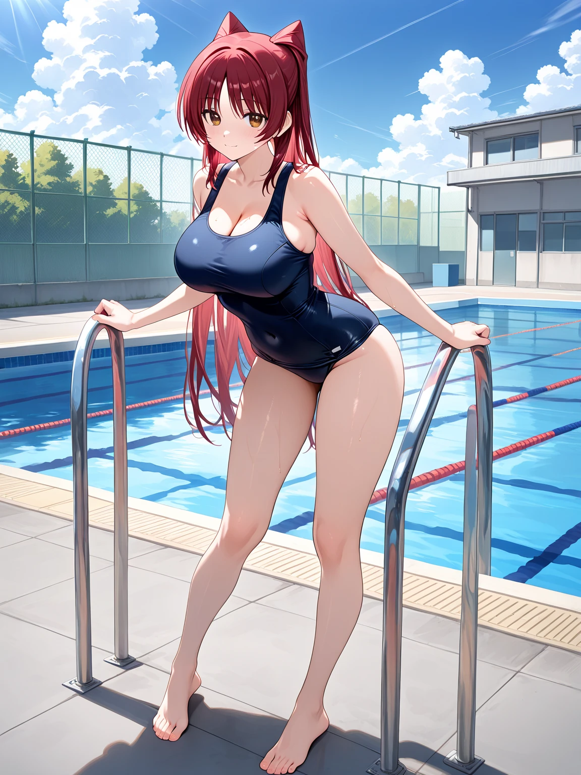 pieces fly、masterpiece、highest quality、Super detailed、High resolution、High resolution、8K portrait、High resolution CG of Unity 8k wallpaper、unity 8k wallpaper、cute:1.5、:1.5、Highly detailed CG unity 8k wallpaper、realistic、real person、cute、 portrait photography、shiny skin、High resolution、(Vermillion semi-long hair:1.2)、(16 years old:1.2)、(1 girl)、perfect face、seriously、(blush:1.5)、((school poolside:1.6)),(((tits　topless:1.5))) ,(((I have nipples))), ((navy blue school swimsuit:1.4))Detailed description vagina,show vagina,spread legs,spread ,((Orgasm in the vagina:1.7)),((anus:1.4)), Detailed description vagina,Show butthole、anguish, blush:1.5, looking back:1.5, (open anus:1.6),((Looking back 1.5))、(midium breasts:1.2)、((navy blue school swimsuit:1.4))、(star hair ornament:1.2)、(sit:1.4)
