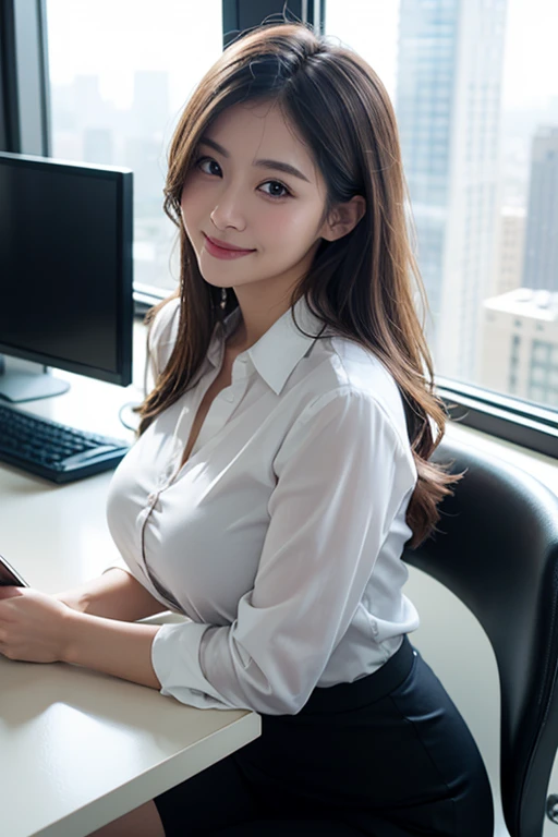 beautiful girl, 1girl, solo, korean Female Model, dynamic poses, ((smile)), ((office shirt)), ((wearing lanyard)), name tag, bob hair, blonde hair, dress, black eyes, (((plumpy body))), sfw, (medium breast:1.3), cleavage, Morning sunshine,Eyes on the audience, ((dynamicposes)),((dynamicbackground)), ((face details)),Double eyelids, reeds, realistic, masterpiece, highest quality, lens flare, shade, ((corporate office background)), [[chromatic aberration]], by Jeremy Lipking, by Antonio J. Manzanedo, digital painting, HDR, high contrast
