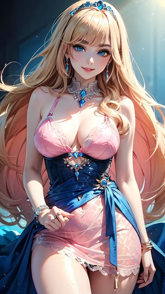 (masterpiece:1.2), (highest quality:1.2), Curvy but slender body, perfect eyes, perfect face, perfect lighting, 1 girl, long hair, curly hair, fine clothes, night, Detailed dungeon background, compensate, eye shadow, thick eyelashes、fantasy、whole body、Bright and beautiful face、young shiny glossy white shiny skin、the best beauty、the most beautiful bright blonde hair in the world、thin hair、super long straight hair、Shining beautiful bangs、Shining crystal clear big blue eyes、Very beautiful lovely 17 year old most beautiful girl in the world、big and full breasts、tits、nipple、a sexually excited look、(Love juice dripping from the pussy)
