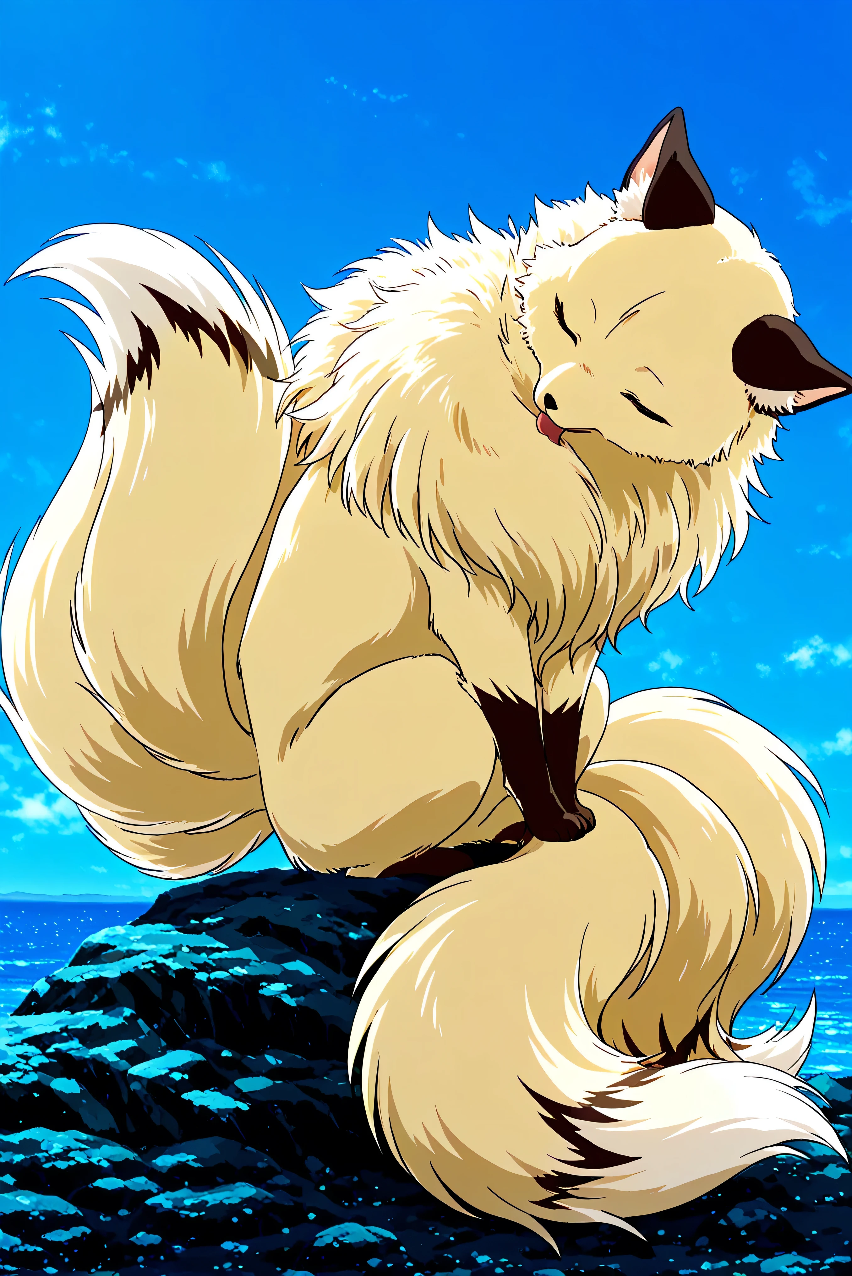 The fluffy fur feral four leges non-humanlike ,no human transform kirara with many tails sitting down and licking in the blue sky sea, closed eye, full body,side view