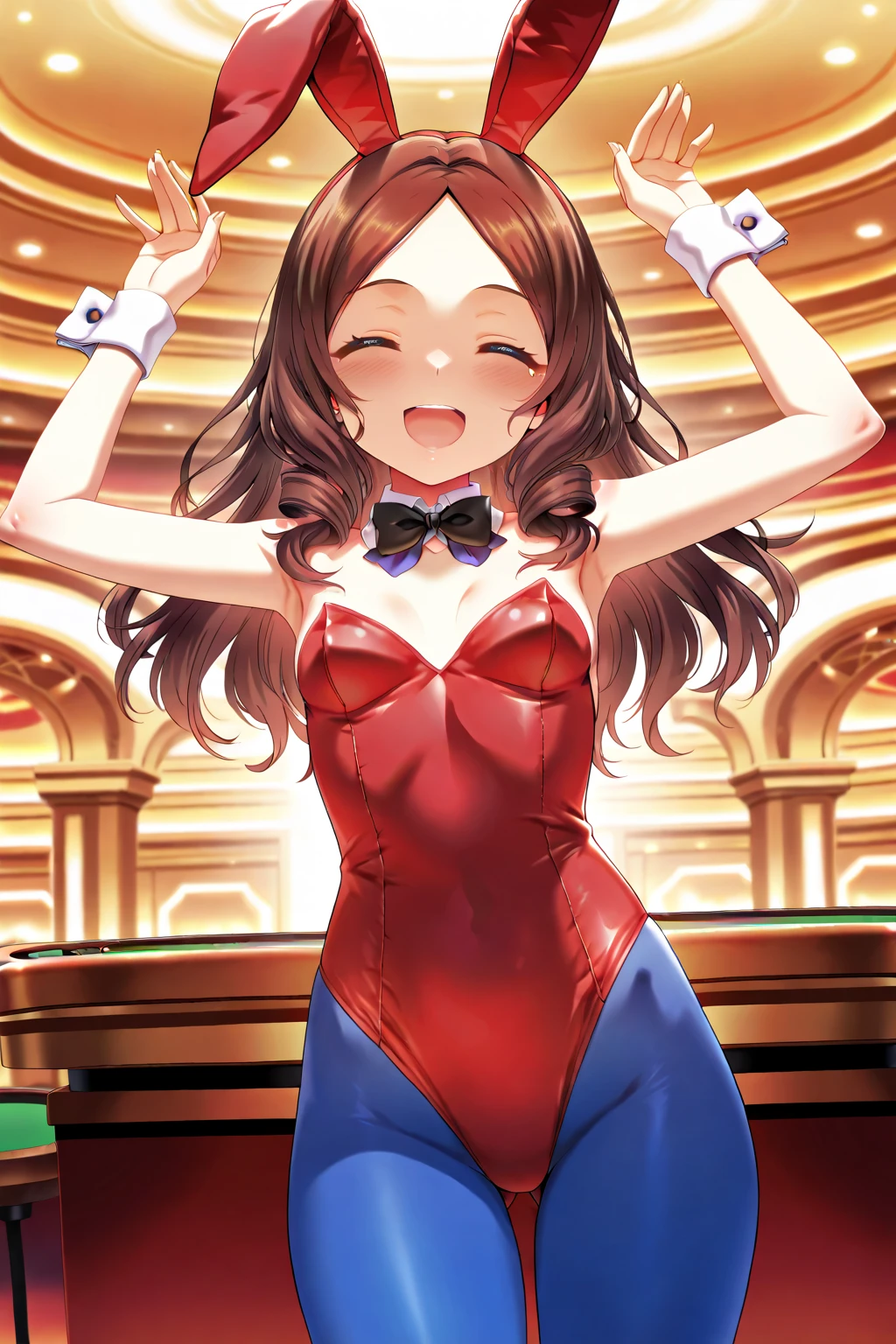 masterpiece,best quality,highres,ultra-detailed,ccmay,pirate hat,skull and crossbones,brown eyes,long hair,ponytail,forehead,flat chest,<lora:may_(guilty_gear):0.7>,playboy bunny,casino,holding tray,embarrassed,blush,standing,