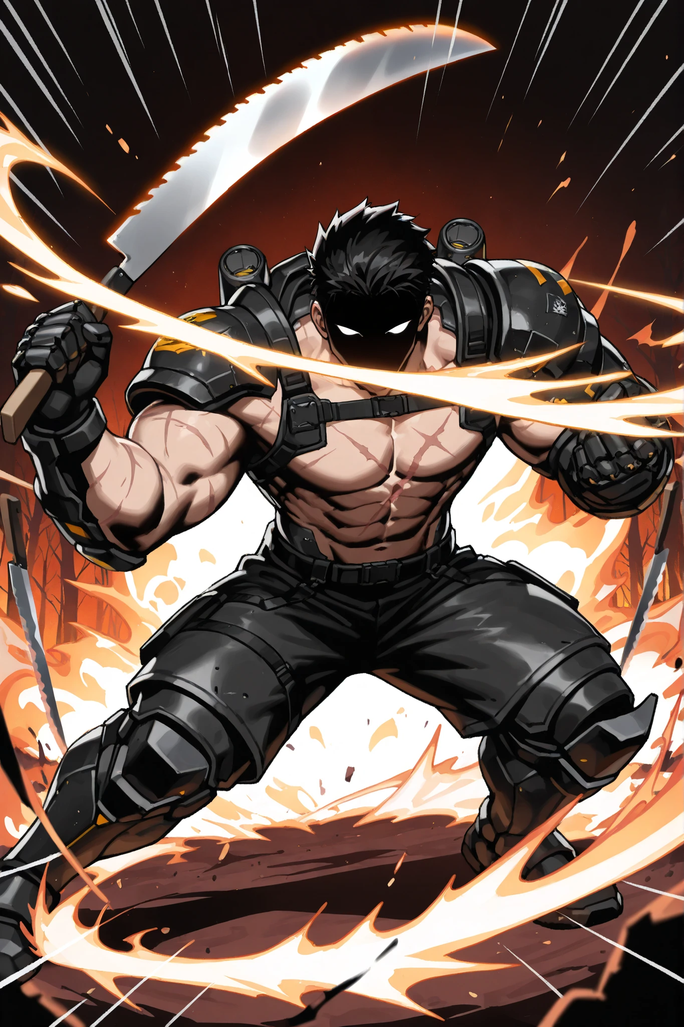(very detailed:1.2, Masterpiece:1.2, PREMIUM QUALITY:1.2, high resolution on the coast:1.2), 1male, black hair, shorts hair, black eye, empty eyes, muscular, big guy, tall, muscular, broad shoulders, wide waist, abs, thick neck, triceps, holding, holding weapon, scar, scar on arm, scar on chest, Machete, holding Machete, armor, black armor, full body armor, {{slashing}}, machete slash, {{{slash, slash effect}}}, motion blur , emphasis lines , shockwave, power armor, burning forest, front focus, attack, glowing eyes, shaded face, high contrast, covered face,