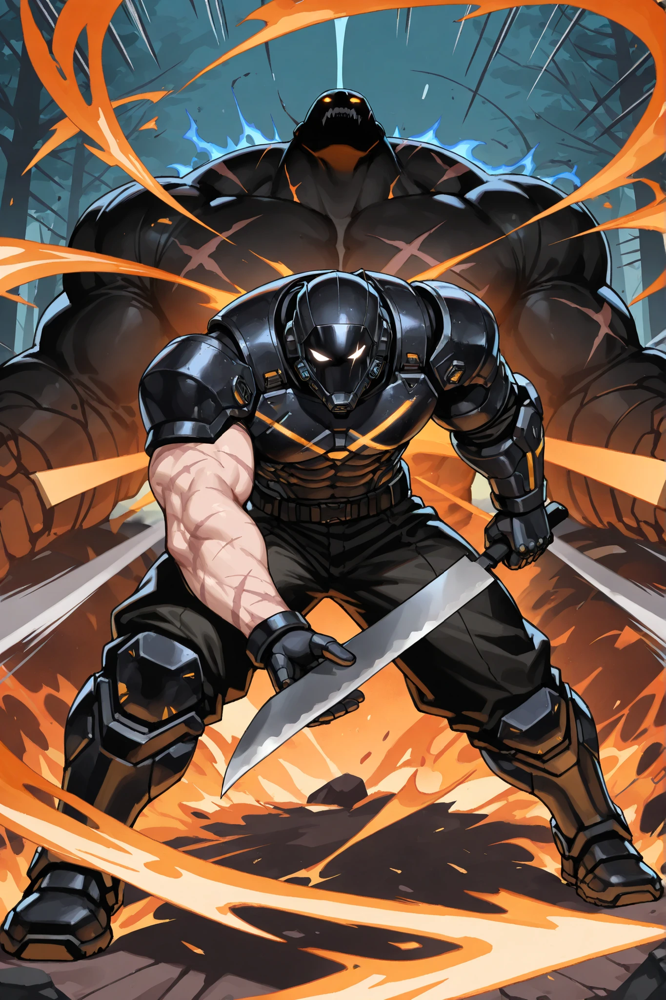 (very detailed:1.2, Masterpiece:1.2, PREMIUM QUALITY:1.2, high resolution on the coast:1.2), 1male, black hair, shorts hair, black eye, empty eyes, muscular, big guy, tall, muscular, broad shoulders, wide waist, abs, thick neck, triceps, holding, holding weapon, scar, scar on arm, scar on chest, Machete, holding Machete, armor, black armor, full body armor, {{slashing}}, machete slash, {{{slash, slash effect}}}, motion blur , emphasis lines , shockwave, power armor, burning forest, front focus, attack, glowing eyes, shaded face, high contrast, covered face, 