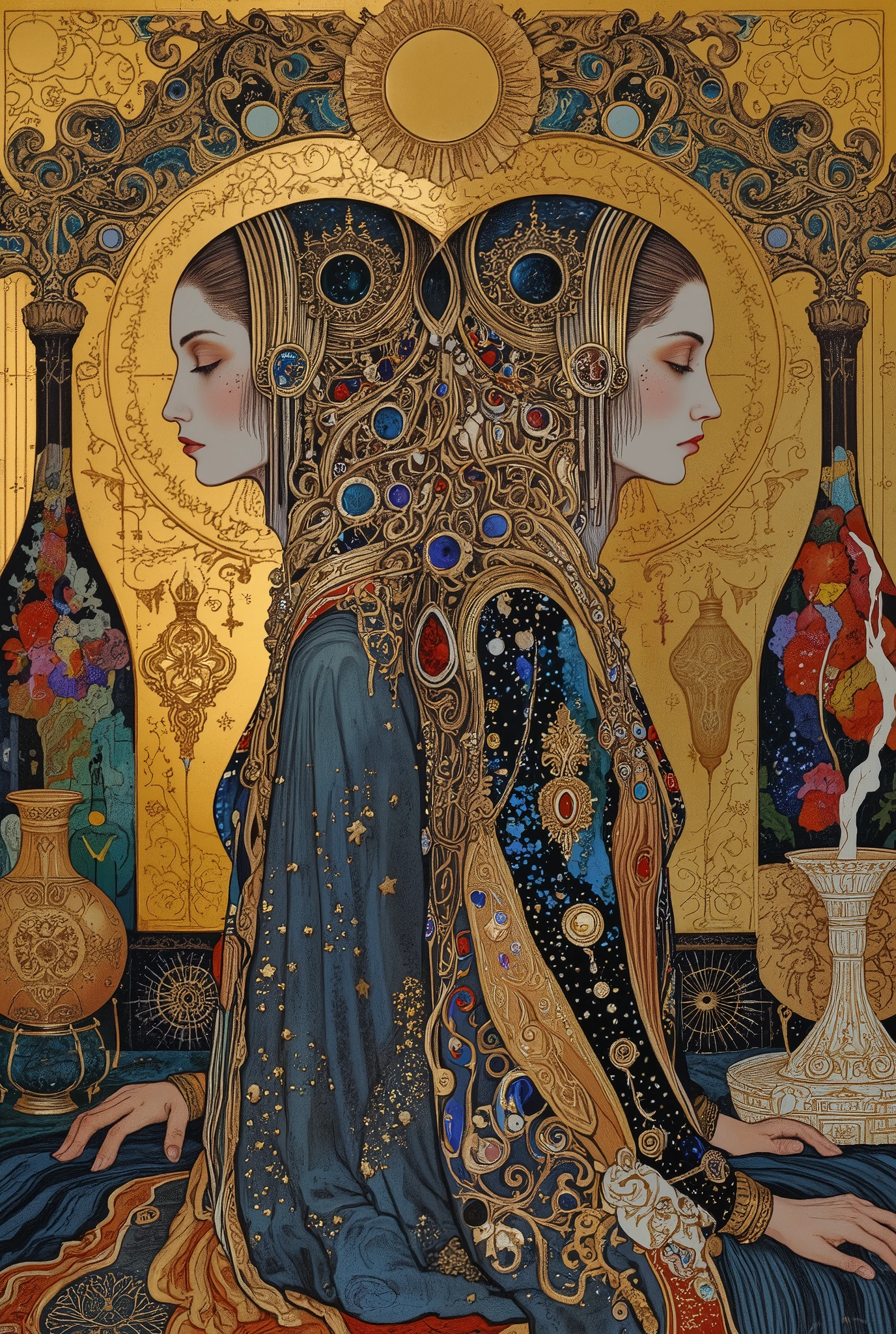 A composition with depth,Placed slightly offset front and back,facial profile,profile,twin goddess,beautiful twins,2 girl,fantastic,sitting,icon,iconic,dramatic and romantic mood,body horror ,beautiful particle,biomachine,Arabic features,shining sun, living being, (vivid color),(colorful),(tangled),(wearing robe:1.2), H.R Giger style,Gustav Klimt Style,
Granulated,vessels,many colorful ,liquid,,gold background,ritual,Abundance,
16k,detailed image,painting style, by gustavklimt,creature,Art by Akiya Kageichi