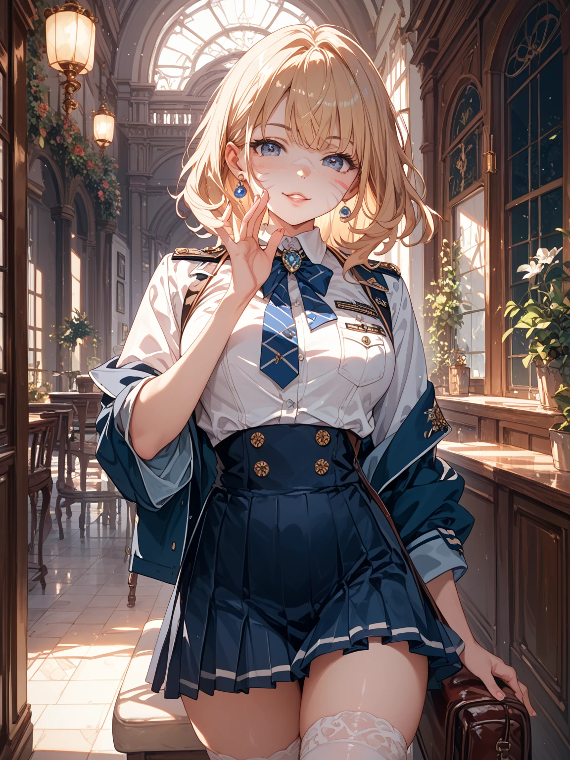 (masterpiece, best quality:1.2), <lora:gfl_m1911-10:0.8>, cowboy shot, solo, 1girl, gfl-m1911, smile, looking at viewer, jacket, open jacket, short sleeves, white collared shirt, striped necktie, white skirt, white thighhighs, white gloves, belt
