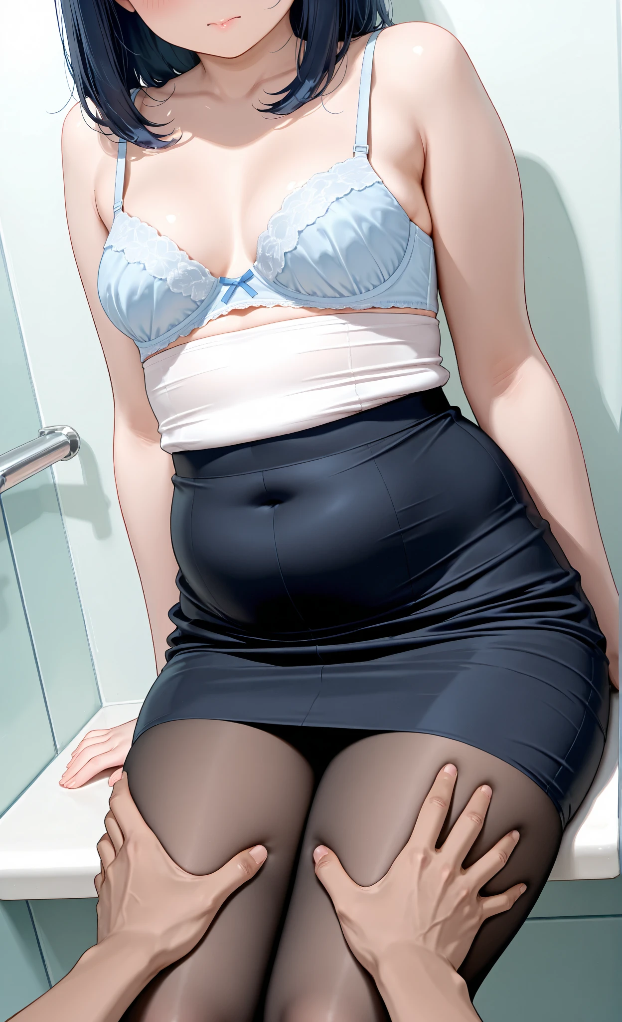 masterpiece,(((large breasts, perfect face))), best quality,  bathroom,toilet,,cum,nsfw:1.2, 1 girl, red lips,mature, milf, beautiful clothes, bodysuit, pantyhose, high heels,detailed, looking at viewer, (full body:1.2), camel toe, <lora:seishoujoArtstyle_10:0.8>