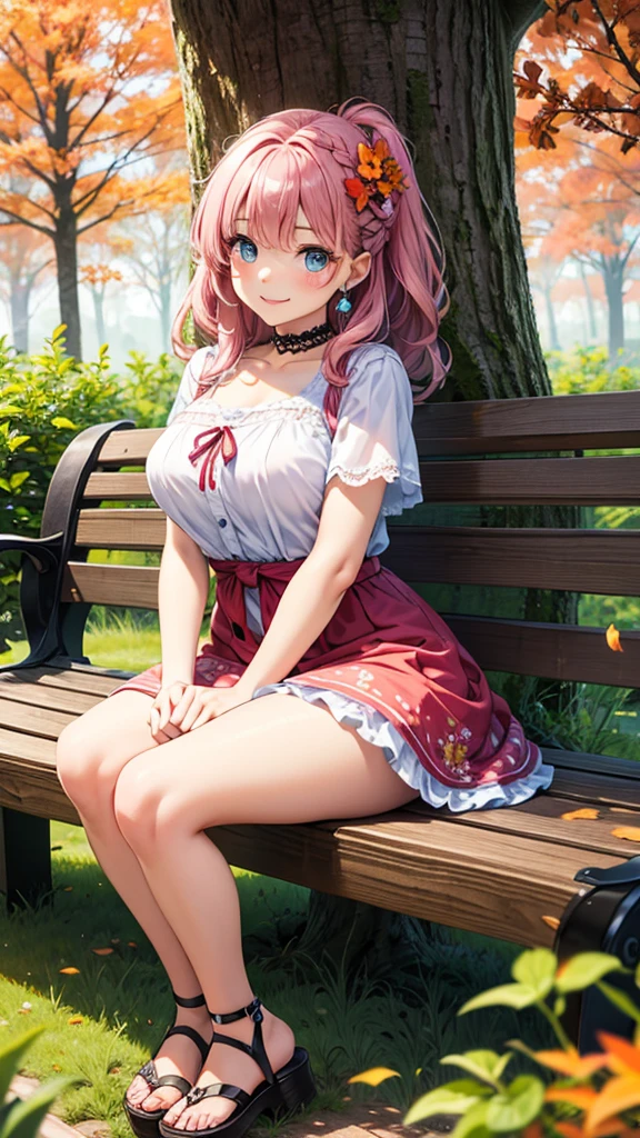 (HDR ,ultra details , high quality) , long hair ,pink hair , cute girl , garden , sitting on chair , smile , wear off shoulder frock , thigh high socks , legs , medium tits , chest line , smile , look at the camera , soft light , half body show , anim
