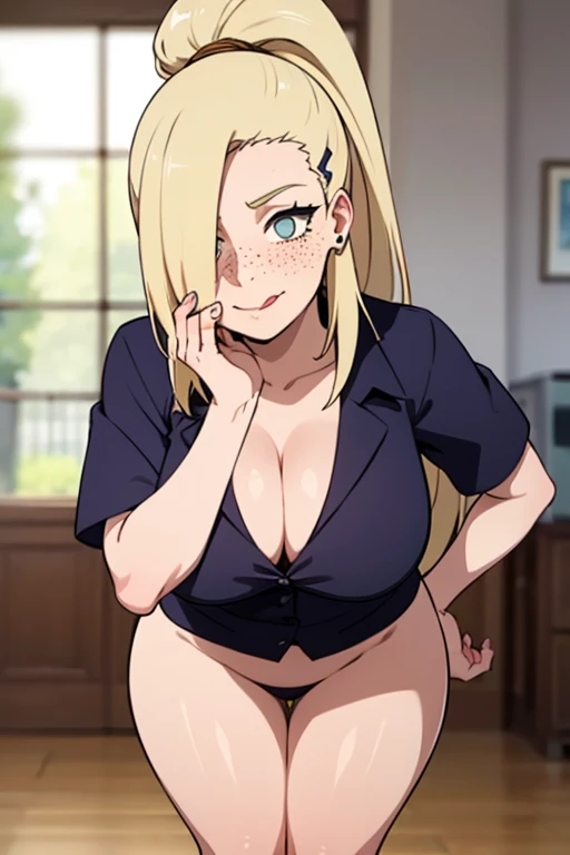 sexy woman, mature, milf, huge breasts, large breasts, curvy, voluptuous, blonde hair, blue eyes, long hair, black tank top, black thong, earrings, grinning, standing, solo focus, house, indoors
