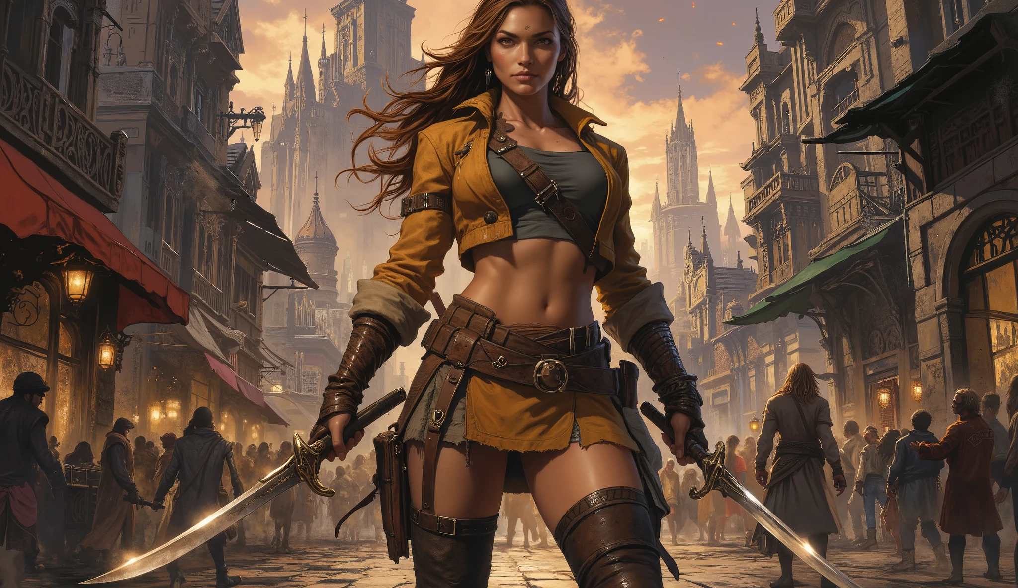 Epic character concept art of a towering, powerful female bounty hunter, captured in a full-body dynamic portrait. She possesses a strong, athletic physique with lean, defined muscles. Her long, windswept mahogany hair frames an exquisite, determined face with high cheekbones, an intense, focused gaze from amber eyes, and a single, faint scar bisecting her eyebrow.
She wears a highly-detailed fantasy-realism outfit: a weathered, mustard-yellow short leather jacket with rolled sleeves over a dark-grey crop top, showcasing her toned waist. Her arms are adorned with snug, intricately-carved wooden bracers, with a strip of frayed cloth tied to her right arm. A functional short skirt is cinched by a utility belt laden with small tool pouches, and a razor-sharp dagger is sheathed and strapped to her powerful thigh. She wears rugged, well-worn cloth boots that reach her knees.
In her right hand, she expertly grips a massive, curved greatsword with a gleaming, battle-worn blade. She stands in a powerful, impatient stance on the cobblestone streets of a sprawling, wild fantasy city at twilight. The background features towering, carved spires and a bustling, chaotic street life.
The style is of a hyper-detailed, cinematic masterpiece. Dynamic, high-contrast lighting from the setting sun and street lanterns creates volumetric light and dramatic shadows. Flawless , perfect hands with 5 fingers, ultra-sharp focus, 8K resolution, epic fantasy vibe.
