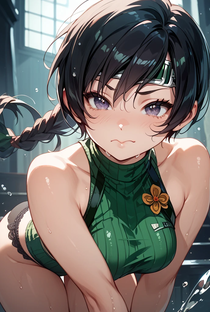 1girl, long hair, forehead, swept back hair, double bun, flower hair ornament, brown hair, green eyes, pink lips, smile, sleeveless dress, green dress, white elbow gloves, 20 years old, large breasts, chinese palace, best quality, masterpiece, ((hd armpits)), ((super detailed armpits)), ((full of sweat)), sweaty, ((dripping wet armpits)), close up armpits, ((armpit_hair:1.3)), moles armpit, dripping wet armpits