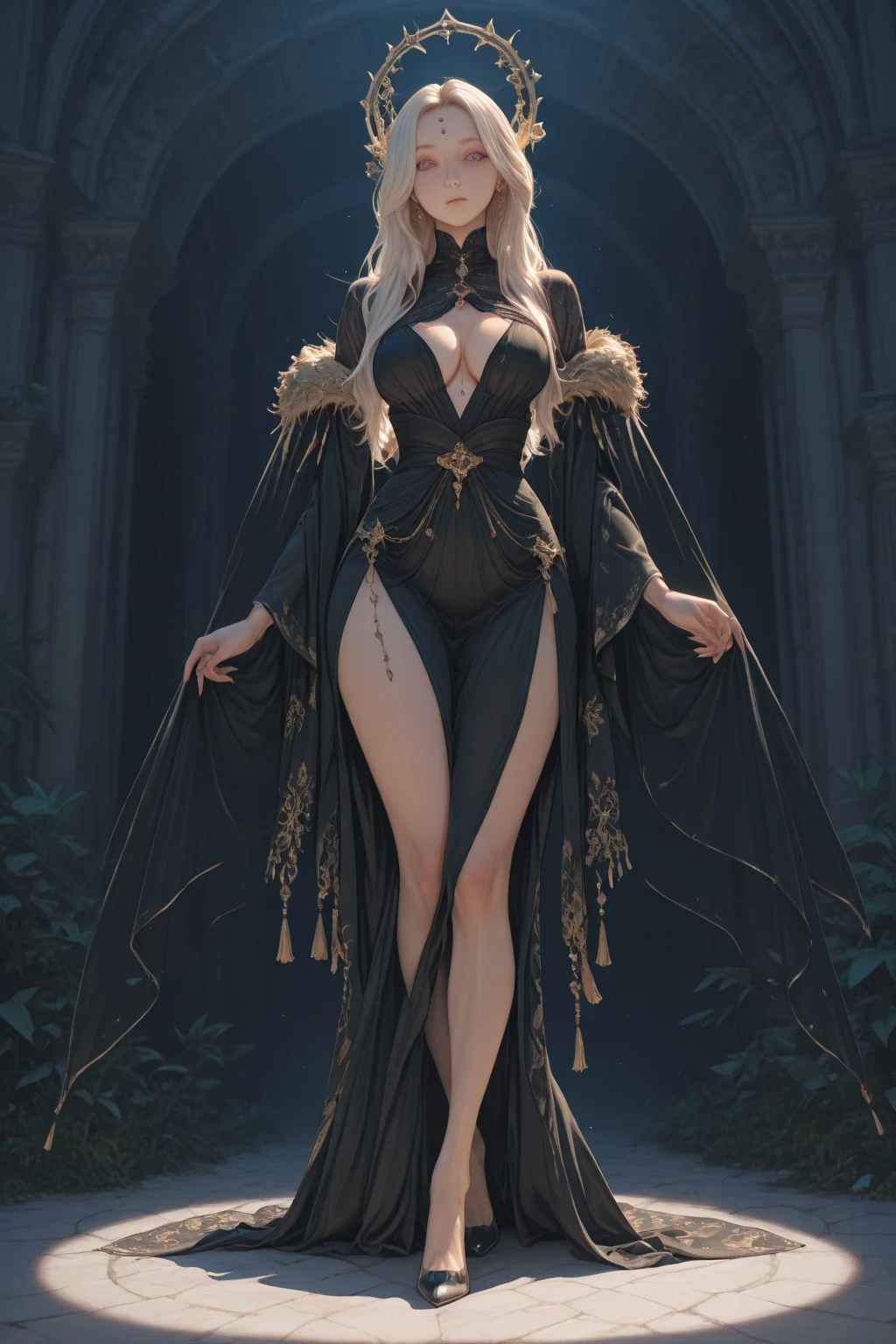 beautiful tanned elf, gigantic bulging breasts, long flowing white hair, Dramatic lighting, sexy curves, lewd. elaborate, glossy shiny wet skin, high heels, sexy skimpy black and gold high slit mage robes, black and gold witch hat, using fire magic, glowing light, ray tracing, cinematic lighting, Fujicolor, HD, 4k, 8k, award winning, super detail, anatomically correct, high details, best quality, highres, high quality