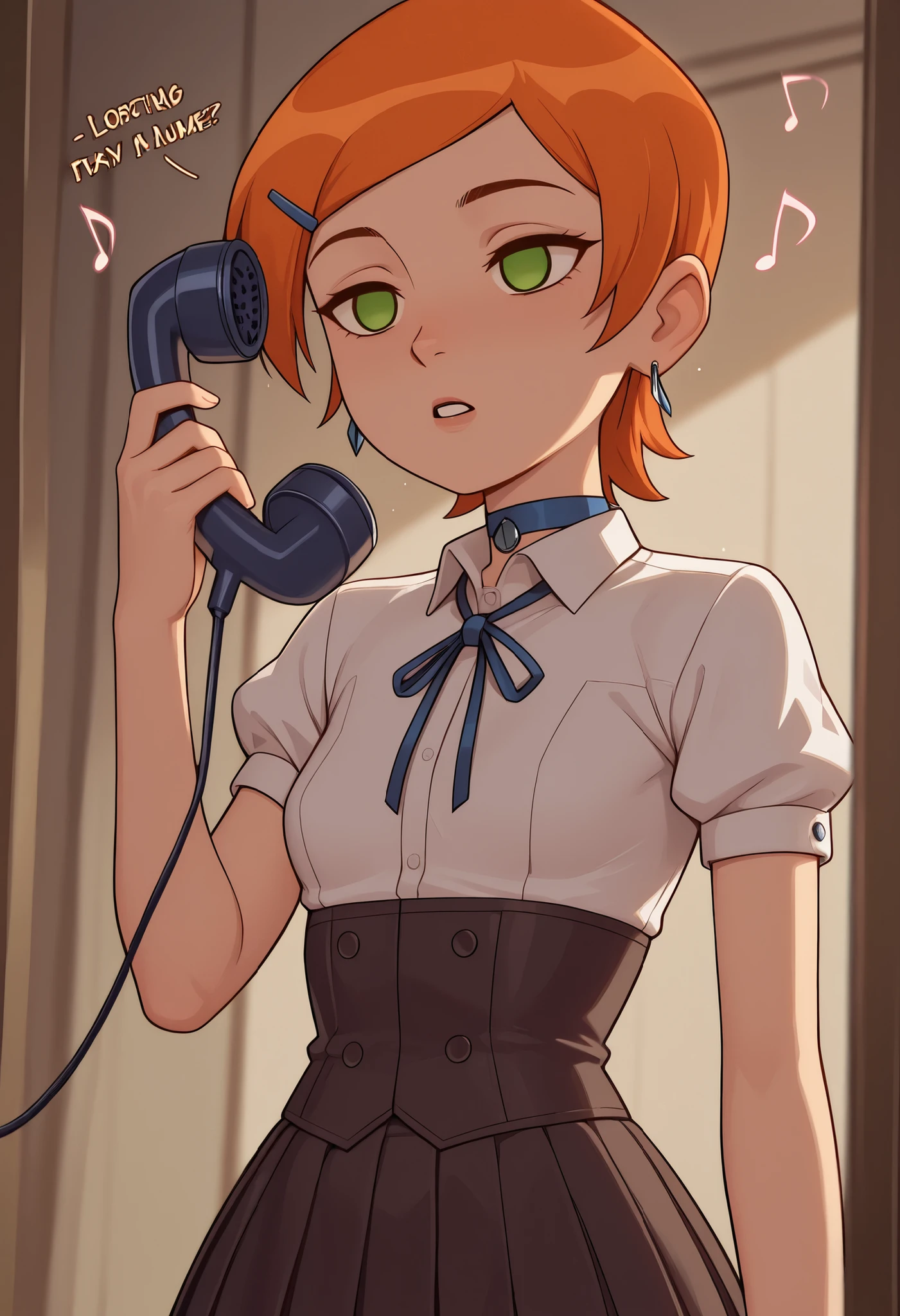 Gwen Tennyson . ginger . short hair . green eyes . flat breasts, flat chest, huge hips . slim body . choker . |  Asia hypnotized by music from phone, score_9, anime, 1girl, lewd, smooth, mind control, hypnosis, ((empty eyes)), hypnotic music musical note, hypn0_part1ture, no pupils, talking on phone, (corded phone), phone cord, solo, retro phone, upper body,  shirt, short sleeves, puffy sleeves, underbust, neck ribbon, collared shirt, skirt, pleated skirt
