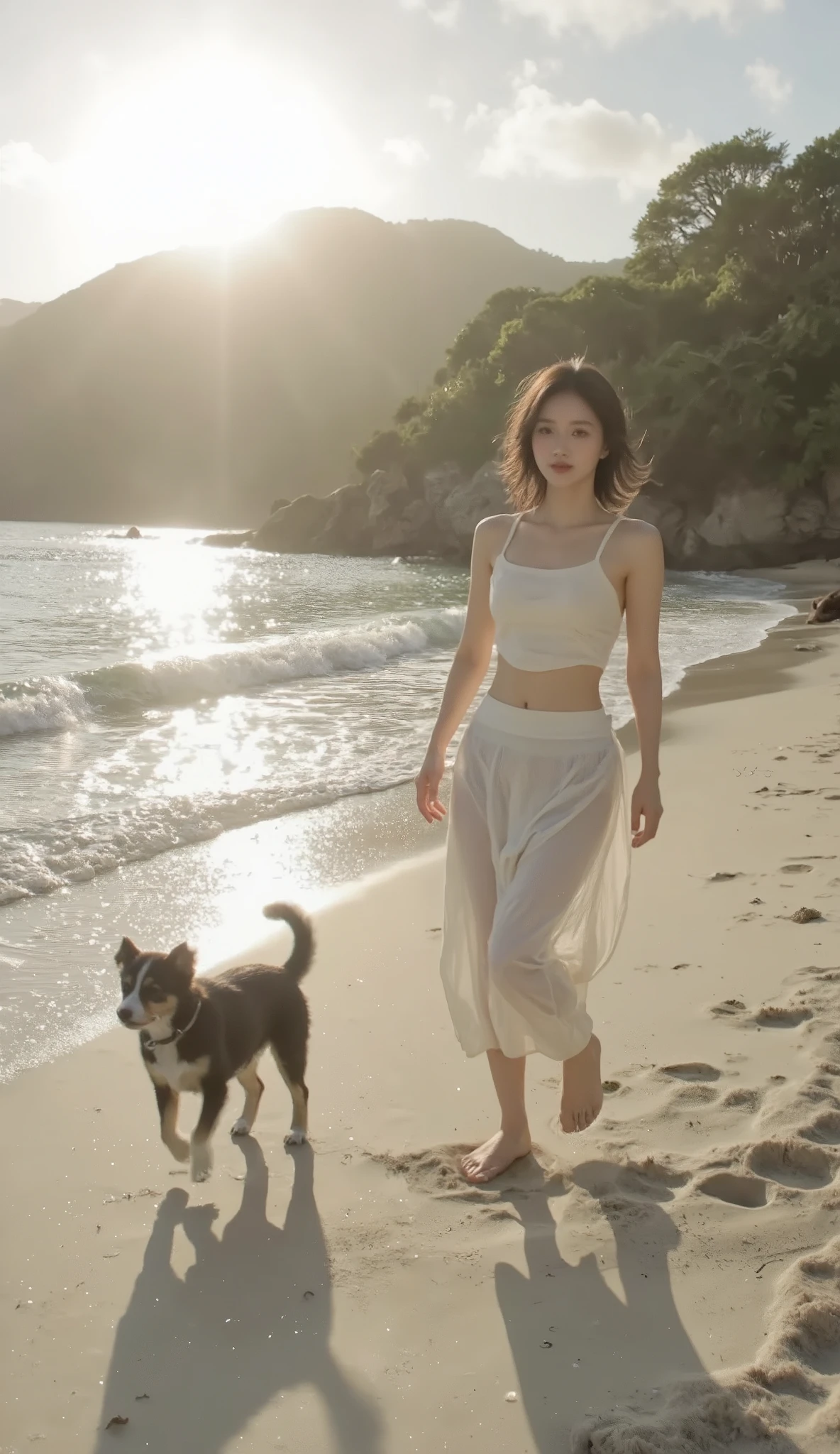 Southern Isolated Island、A korean woman in her 20s and her puppy left behind、walking on the beach、Rising Morning Sun、high image quality、live-action