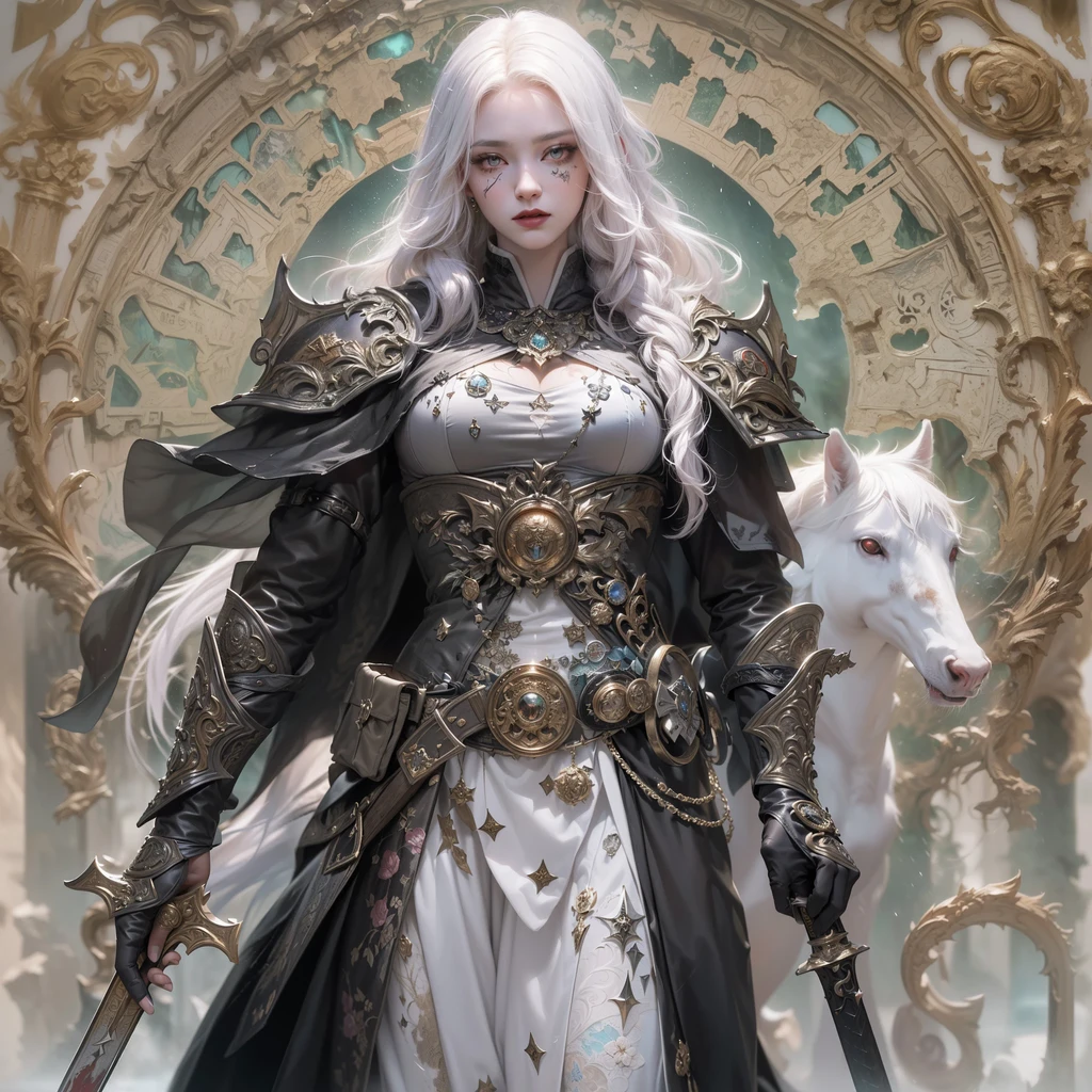(best quality, masterpiece, highres:1.2), detailed, beautiful Steampunk lady, long silver hair, steampunk outfit and weapon, hyperrealism, photorealistic, 8k, unreal engine 
