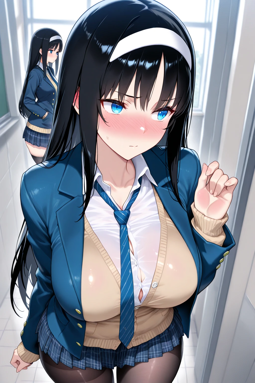 Exposed breasts punishment,A woman who receives the punishment of exposing her breasts,Big Breasts,Boobs on a wooden board,high school girl,Handcuffs,Completely naked,Black socks,Ribbon tie,Black Hair,Hime cut,Japanese,Upper body close-up,Whole school assembly