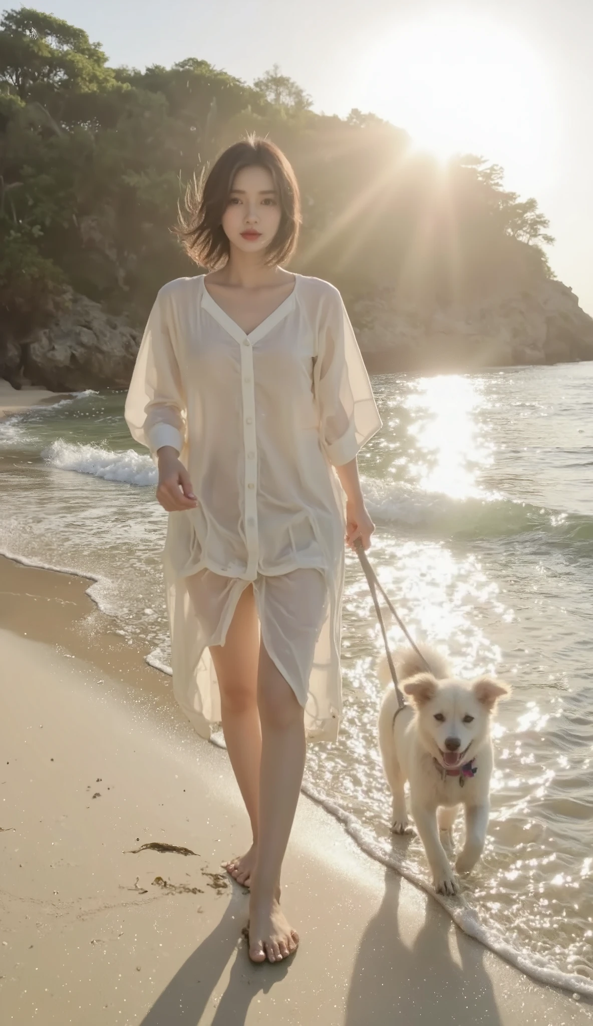 Thailand Southern Isolated Island、A korean woman in her 20s and her puppy left behind、walking on the beach、Rising Morning Sun、high image quality、live-action