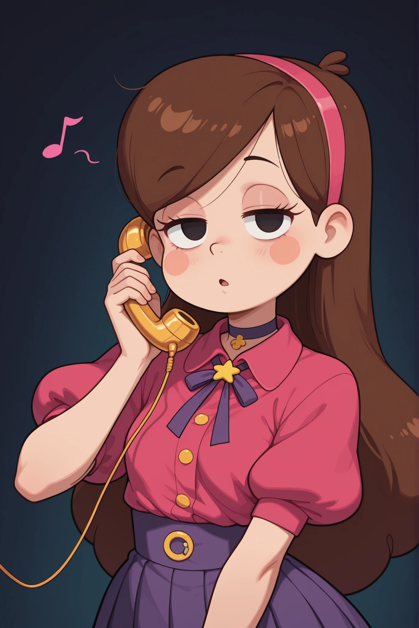 Mabel Pines, blush stickers, brown hair. black eyes. half-closed eyes, small breasts, huge hips. long eyelashes, choker. | Asia hypnotized by music from phone, score_9, anime, 1girl, lewd, smooth, mind control, hypnosis, ((empty eyes)), hypnotic music musical note, hypn0_part1ture, no pupils, talking on phone, (corded phone), phone cord, solo, retro phone, upper body, shirt, short sleeves, puffy sleeves, underbust, neck ribbon, collared shirt, skirt, pleated skirt