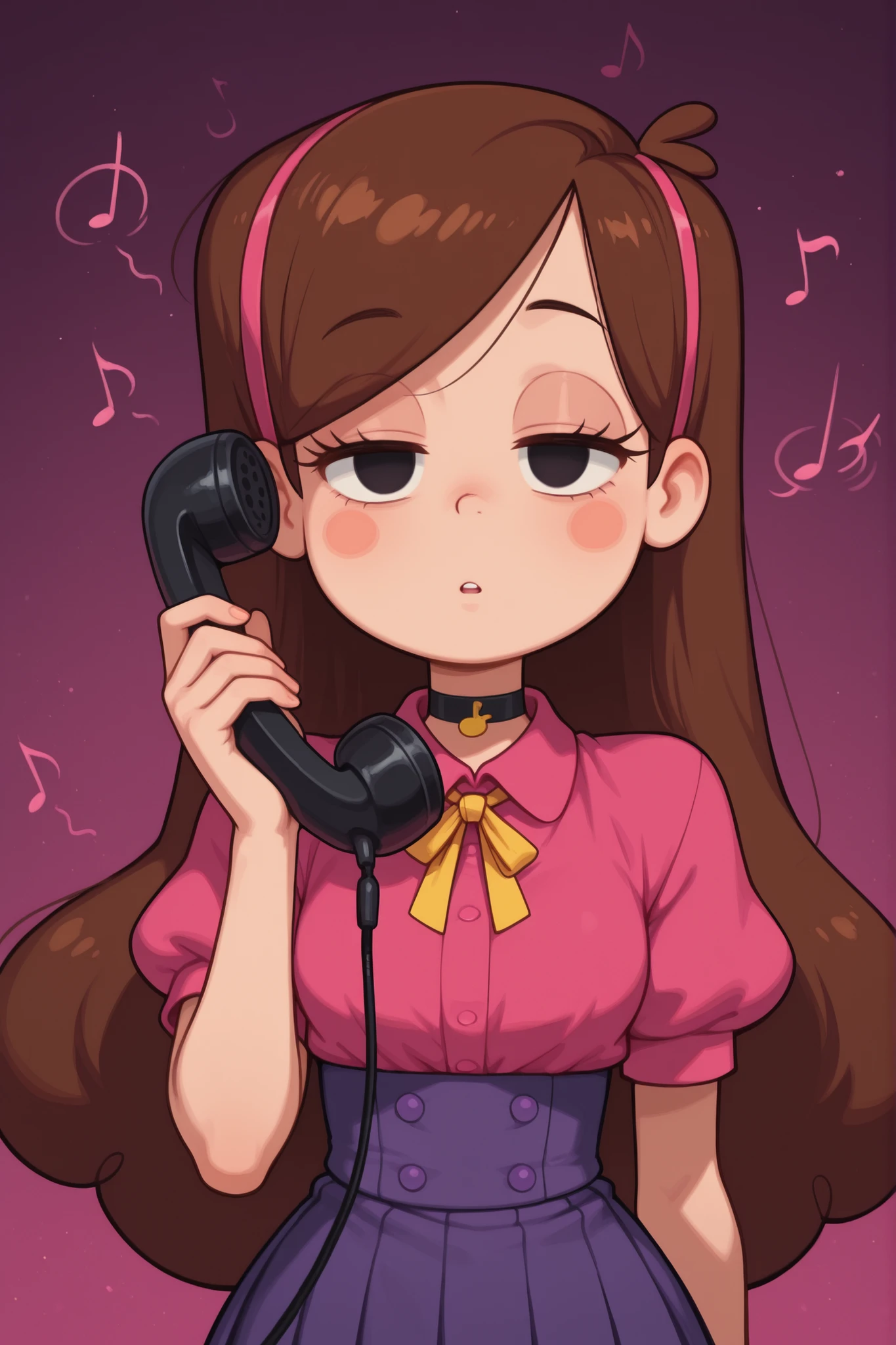 Mabel Pines, blush stickers, brown hair. black eyes. half-closed eyes, small breasts, huge hips. long eyelashes, choker. | Asia hypnotized by music from phone, score_9, anime, 1girl, lewd, smooth, mind control, hypnosis, ((empty eyes)), hypnotic music musical note, hypn0_part1ture, no pupils, talking on phone, (corded phone), phone cord, solo, retro phone, upper body, shirt, short sleeves, puffy sleeves, underbust, neck ribbon, collared shirt, skirt, pleated skirt