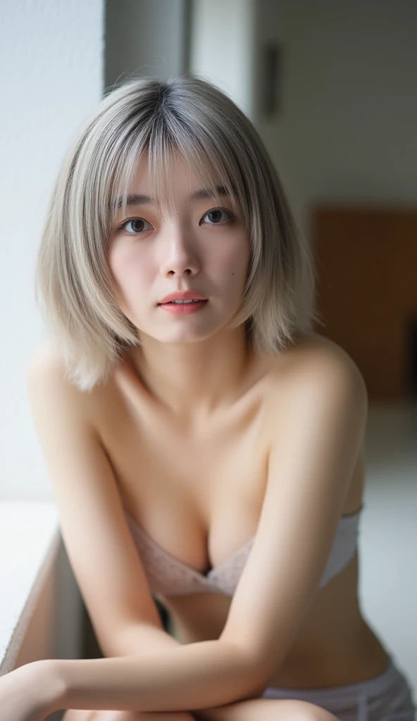 (((Lean, slender body)))、Hairy pubic hair、Bob Hair、(((fair skin)))、Silver Hair、Lighting、Are standing、(((White of the eyes))) 、(arms behind back)、(((All nude)))、 ((Best Quality, 8k, masterpiece :1.3)), Full body、sexy girl with perfect figure :1.4, Slender Abs :1.1、Ultra-detailed face and skin