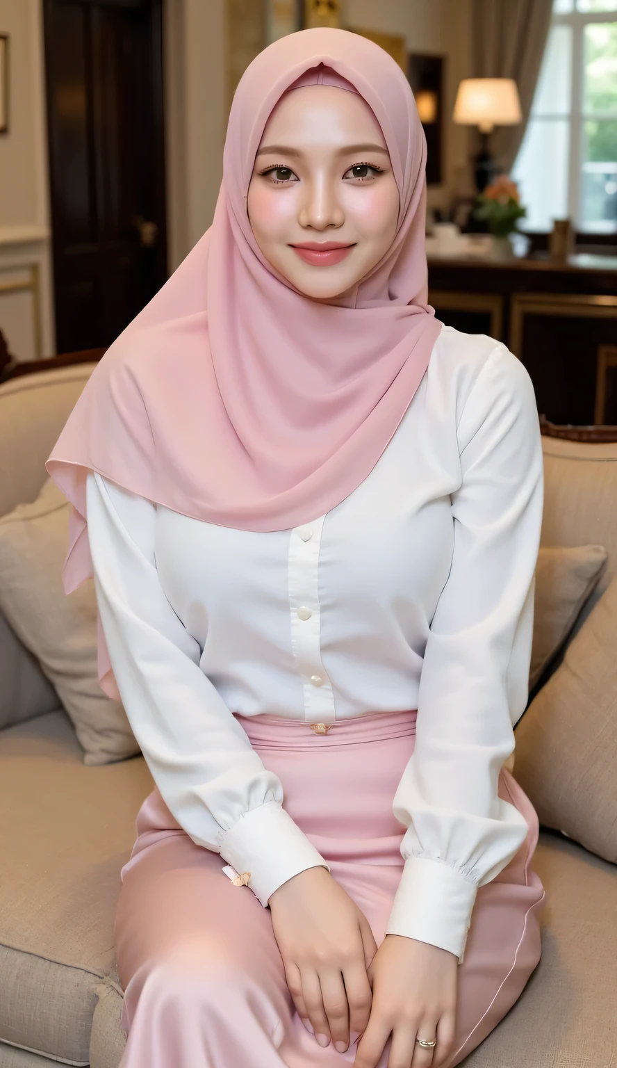 Cute malay girl in long red hijab wearing white peplum shirt and white pants in shy pose in ballroom hall, wear big round glasses, nerd, big smile, laughing, happy, big front teeth, bright lighting, cute face, 35mm lens, Extreme close-up, pastel color grading, depth of field cinematography effect, romantic film genre, 8k resolution, high quality, ultra detail,