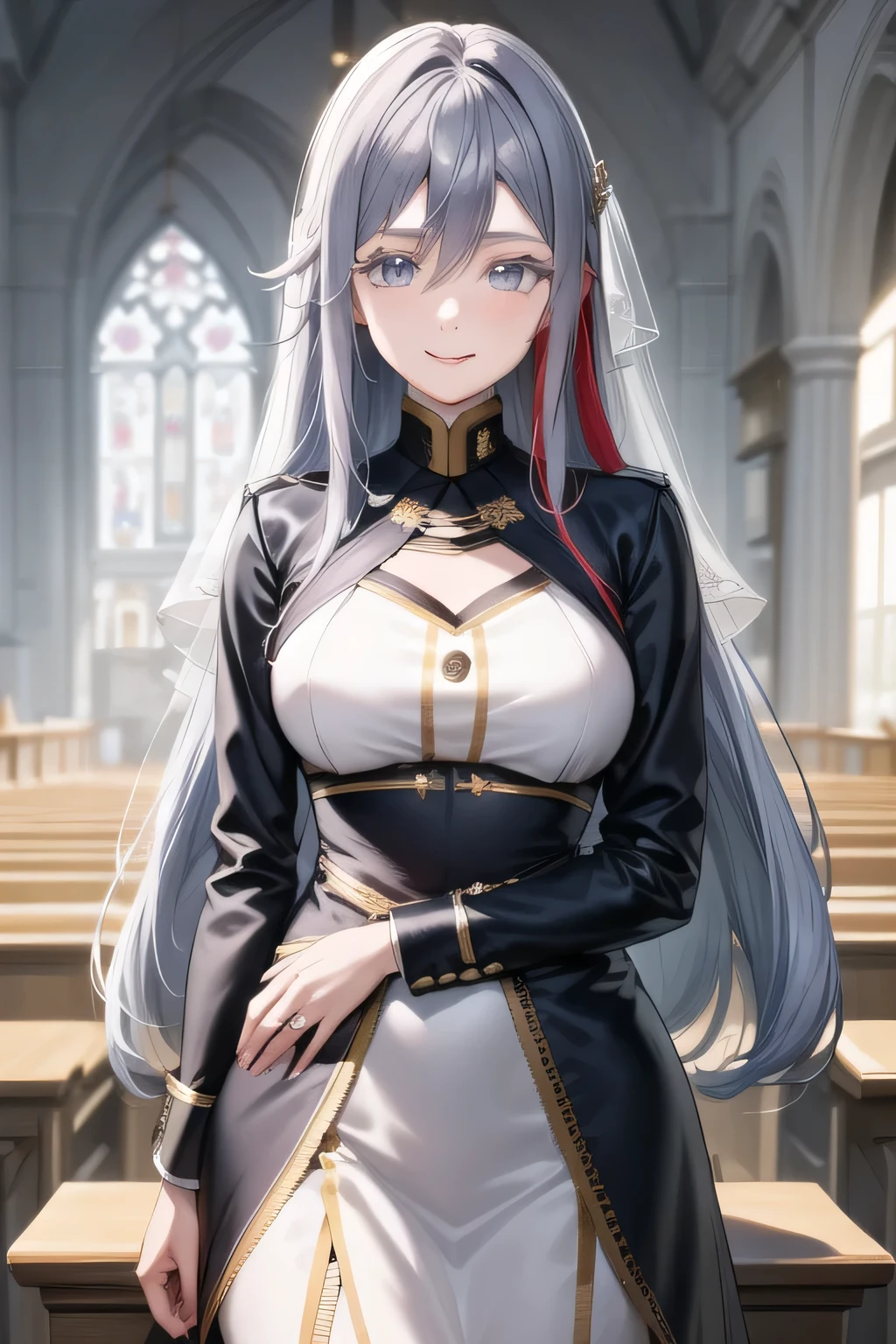 Woman with long yellow hair,,nice smile,don't trim your face because facial expression is the top priority,can you draw a woman in a wedding dress,I'm at church,standing in the teacher's house,alone,I have a bouquet,,, big breasts, thin waist , , ,Faces are very important,