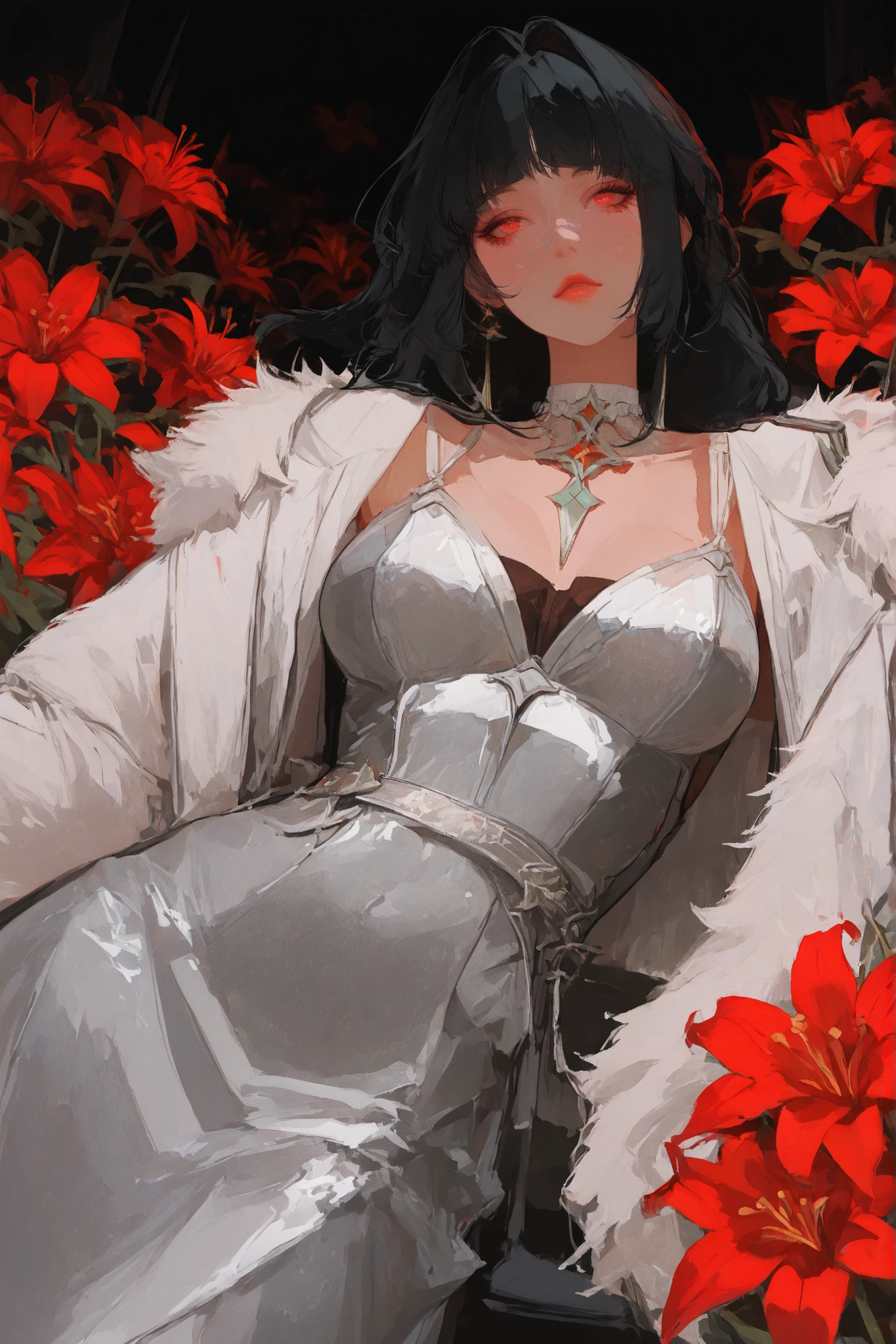 Ultra-high quality, medium shot, 2D anime illustration, thick painting style, pseudo thick painting, delicate and soft brushstrokes. Beautiful adult girl, Astra Yao (Zenless Zone Zero), black hair, long hair, red eyes, clear facial features, elegant lips. Wearing a shiny semi-transparent silver evening dress with a silver faux fur trimmed jacket, elegant pose. Lying on red lilies, surrounded by red lilies. Dark background, cinematic lighting, dynamic composition, high-detail anime art style.