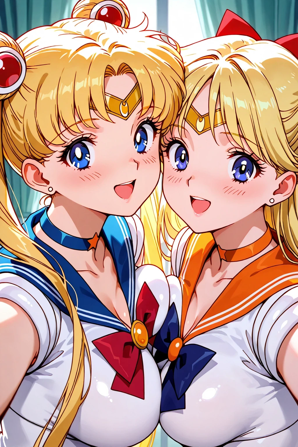 two girls, slightly breast press, Sailor_Moon in blue collar and red ribbon:1.1, Sailor_Venus in orange collar and navy ribbon chest, joyful playful smile to viewer, playful atmosphere, best quality, high detailed, masterpiece,