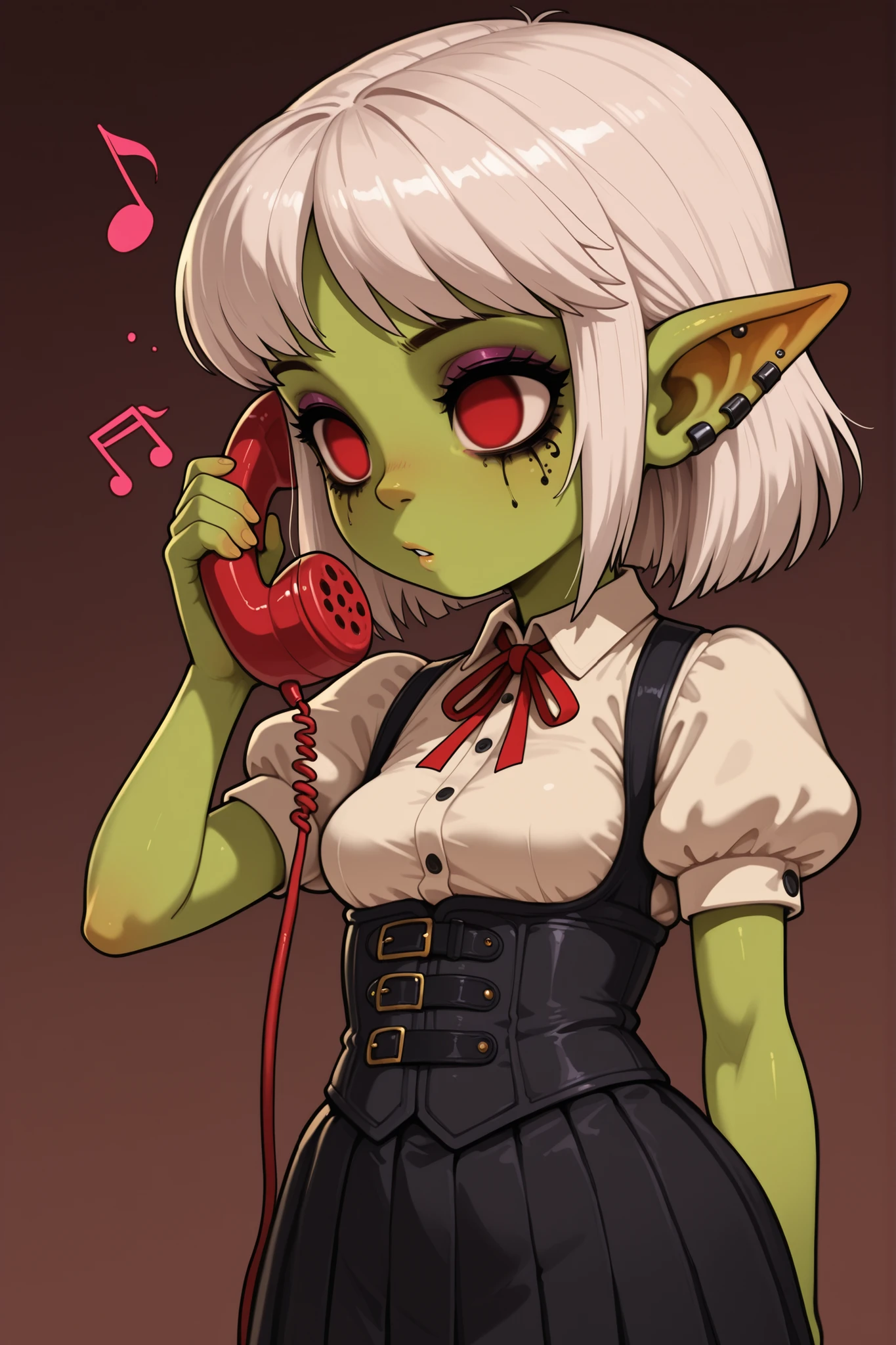 female punk, white hair, short hair, red eye , facial piercings, eye makeup, flat , meduim , (goblin girl:1.0) (shortstack:1.0) (green skin:1.0) Asia hypnotized by music from phone, score_9, anime, 1girl, , smooth, mind control, hypnosis, ((empty eyes)), hypnotic music musical note, hypn0_part1ture, no pupils, talking on phone, (corded phone), phone cord, solo, retro phone, upper body, shirt, short sleeves, puffy sleeves, underbust, neck ribbon, collared shirt, skirt, pleated skirt