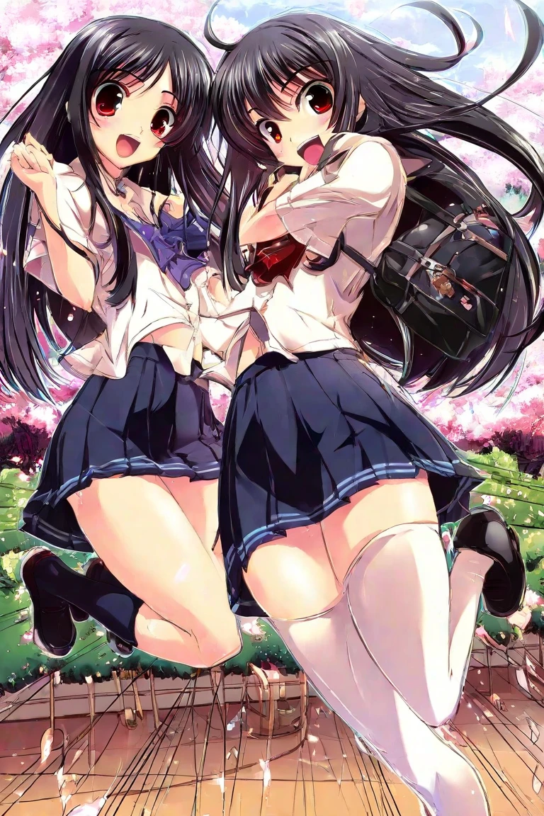 Underwear for two girls, Ages 5 to 10、Realistic panties made from patterned cotton fabric、Translucent slip、Skirt lining、Skirt flip、In the shadow of a dark tree、Put your hands on your crotch、tights、Peeking from below