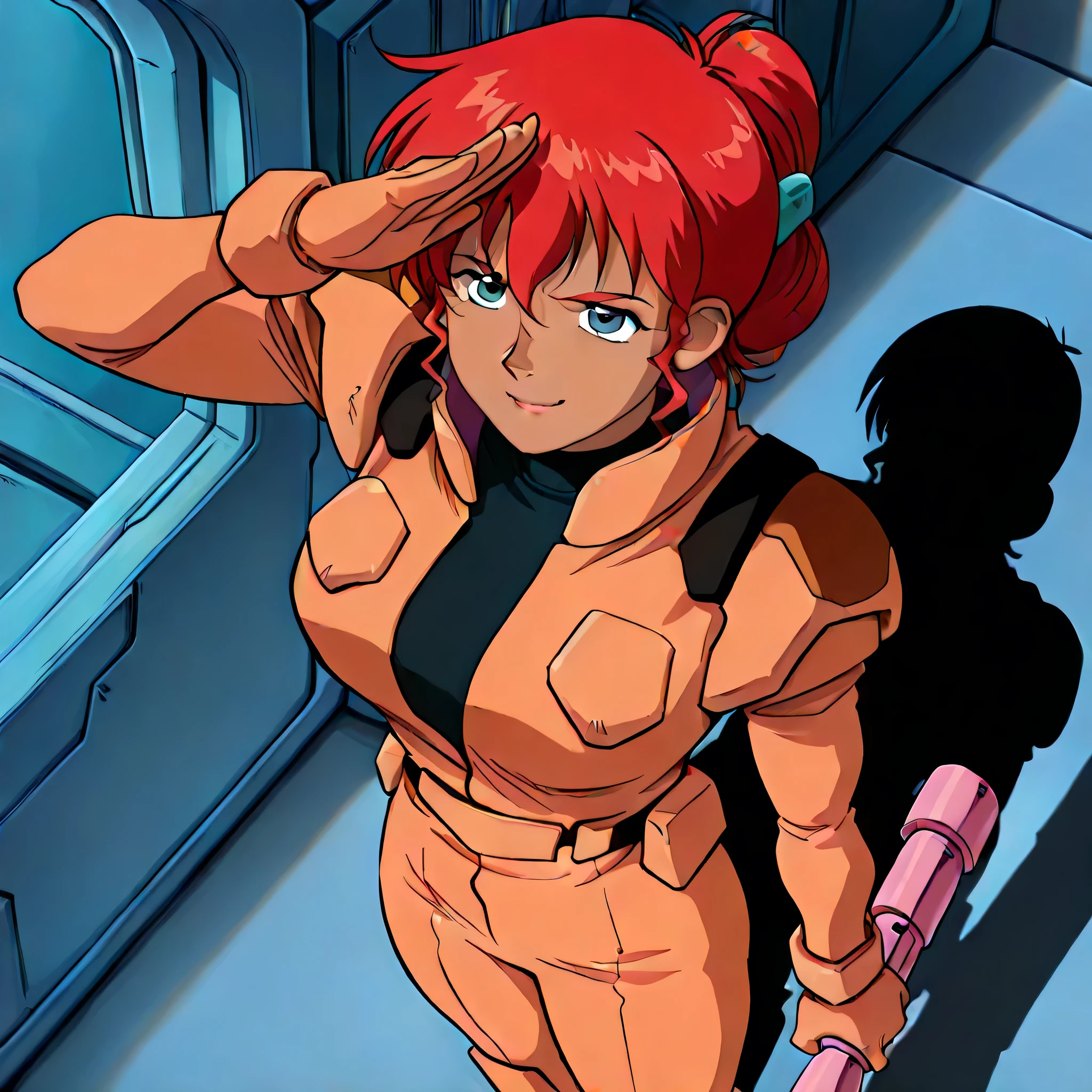 (((Masterpiece))), (((Best Quality))), ((Super Detail)), ultra-High resolution, score_9,score_8_up,score_7_up,score_6_up,score_5_up,score_4_up, BREAK, source_anime, anime screencap, uncensored, Masterpiece, (best shadow), (absurdres), (detailed background), (very aesthetic), detailed beautiful eyes, outstanding, countershading, detailed soft lighting, an exquisite animation illustration, curvy, highres, zanscare pilot suit, gloves, uniform, bodysuit, pilot suit, orange bodysuit, (((solo, 1girl))), hair ornament, seductive pose, submissive pose, anime style, anime coloring, animification, megami magazine, sexy pose, large breast, kate, mature female, red hair, pony hairstyle, dark blue eyes, brown skin, dark skin, salute, saluting, standing at attention, standing still, looking ahead, looking from above, view from above, from above, spaceship interior, holding bazooka, bazooka, holding weapon, standing, proudly, determined, smile,