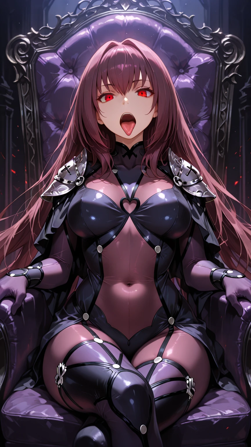 NSFW,Scathach、Long Hair、Purple Hair、(Red Eye:1.5),armor、Bodysuits、Scapula、パープルBodysuits、ショルダーarmor、Thighs,(Ecstasy face:1.5),(orgasm:1.5),Embarrassed,blush,(Perfect hands),(Perfect Anatomy),(masterpiece),(highest quality),night,Inside the cave,torches,Leg spread,Lift your butt,Jail,Being restrained,High angle