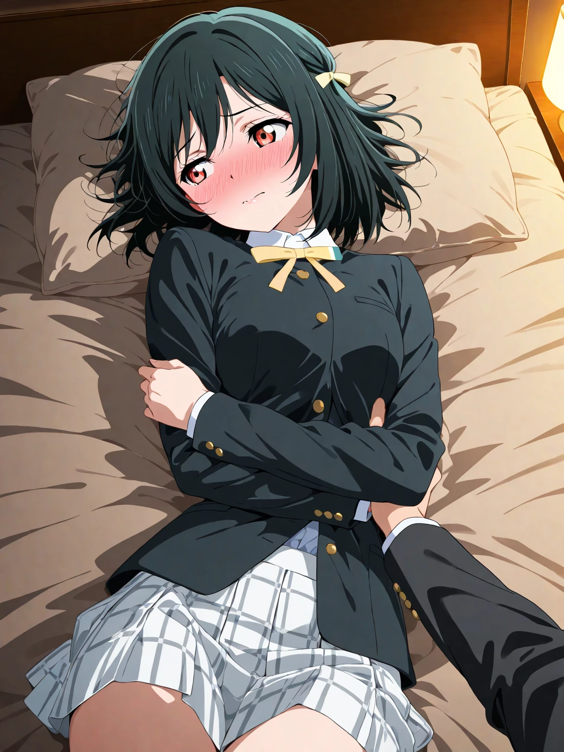 best quality, (kuroki tomoko:1.2), 1girl, [(SmellingSelf1:1.3)::8], (smelling self:1.2) sweat stain, sweat, (hair over one eye:1.2), (bags under eyes:1.1), arm behind head, blush, black hair, school uniform, red necktie, (yellow blazer, yellow skirt:1.1), green eyes, wavy mouth, black pantyhose, solo, sitting, on bed, white pillow [steam:2]
<lyco:SmellingSelf1:0.7>
<lora:sweat_stain2r:0.35>
<lora:tomoko_kurokiV1.5:0.8> <lora:Concept_hairovereyes-10:0.3>