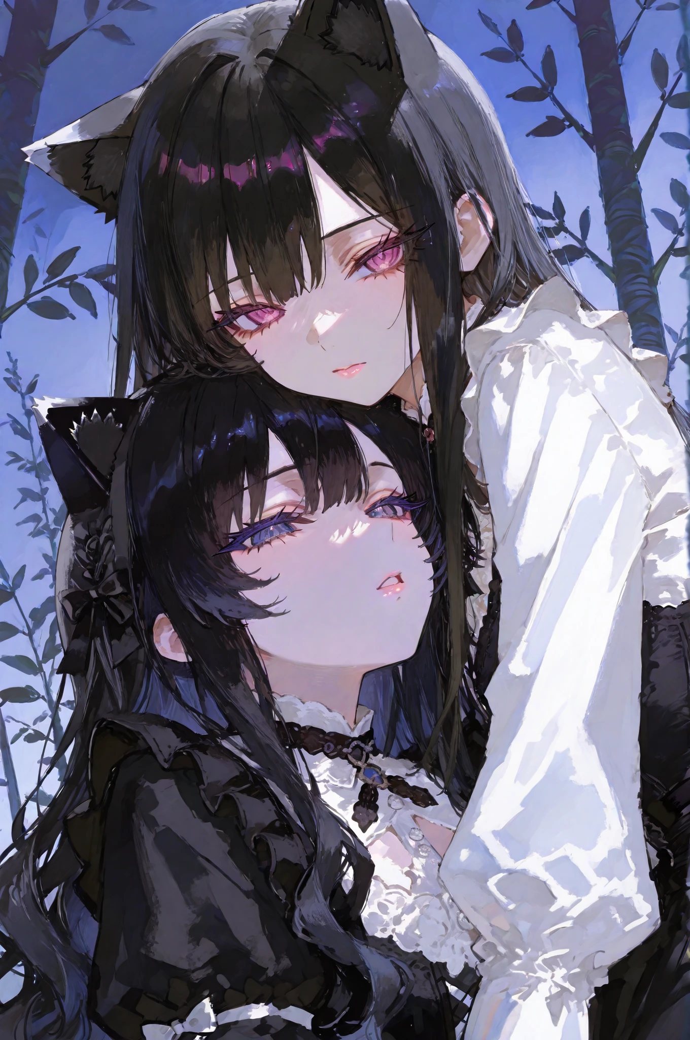 High Quality Masterpiece detailed description two girls 2 gothic lolita girls girl A:(pink eyes wavy hair black dress、black ear tufts,
) girl B:(blue eyes straight hair white blouse、white ear tufts,) voluminous lashes pink lips black hair, (wide open eyes, provocative expression staring at us) (willow tree background blue misty background) Cinematic lighting, vivid colors