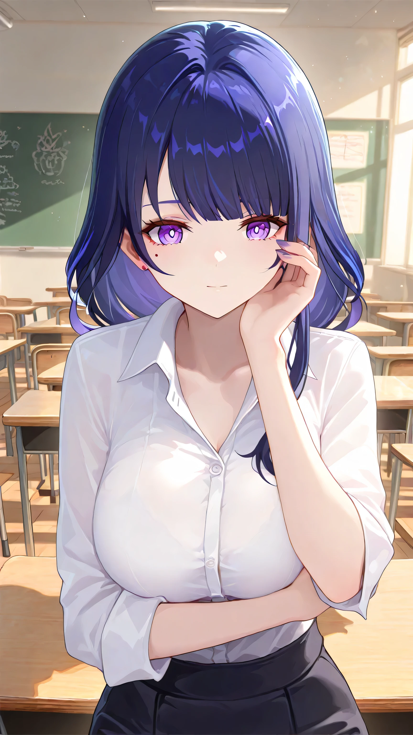 1 girl, From_Raiden Shogun\( Genshin\),JK Skirt,White,outdoor,teacher, classroom,Highly detailed, High Contrast, ray tracing, best lighting , cinematic composition, Pretty faces ,best quality, Beautiful eyes,Very beautiful, super resolution, detailed background, comics, Pastel Details ,See, Cafe with a soft atmosphere , style, solo,carefully crafted hair and eyes,Teach ,Advanced CG illustration