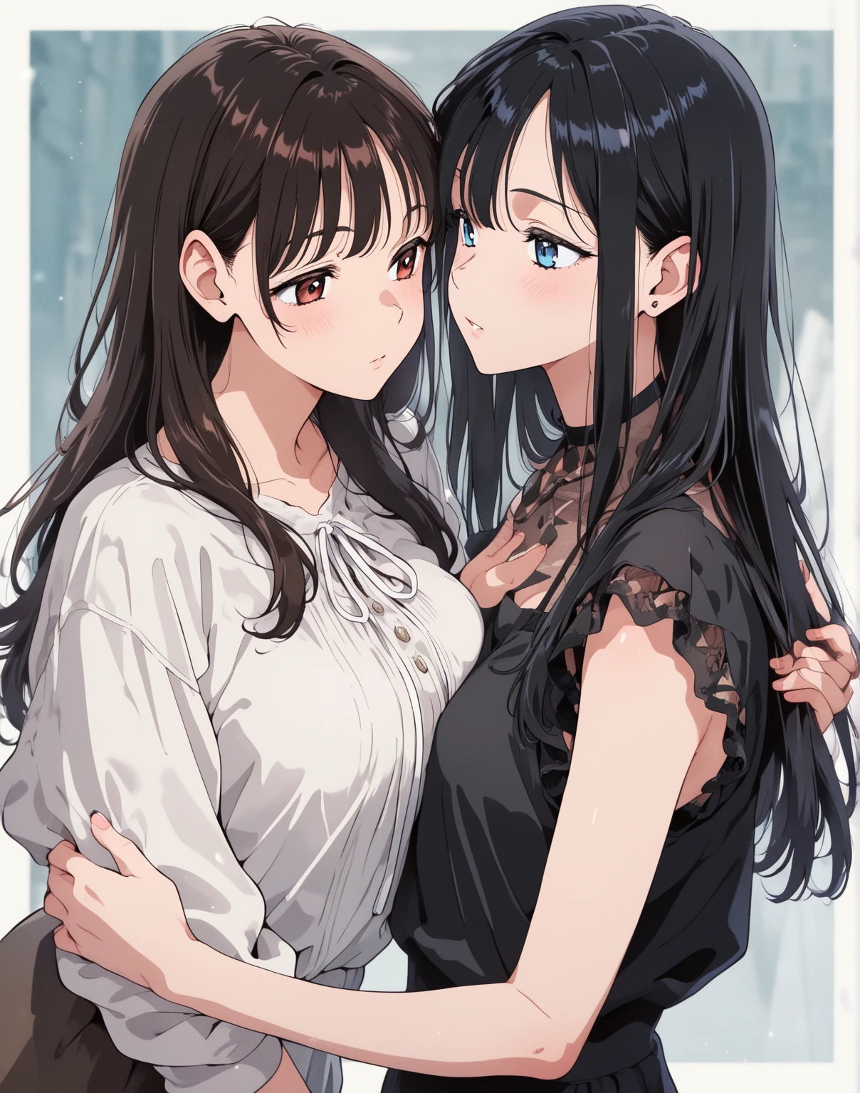 nozomitoujou, nozomi toujou, ayase arisa, dark hair, curly hair, nice breasts, masterpiece, best quality, high resolution, beautiful detailed eyes, extremely detailed face, good lighting, detailed CG, messy hair, indoors, cleavage, (2girls), (multiple girls), (age gap, mother and daughter, family, MILF and teenaged girl), (facing each other), ((kiss))