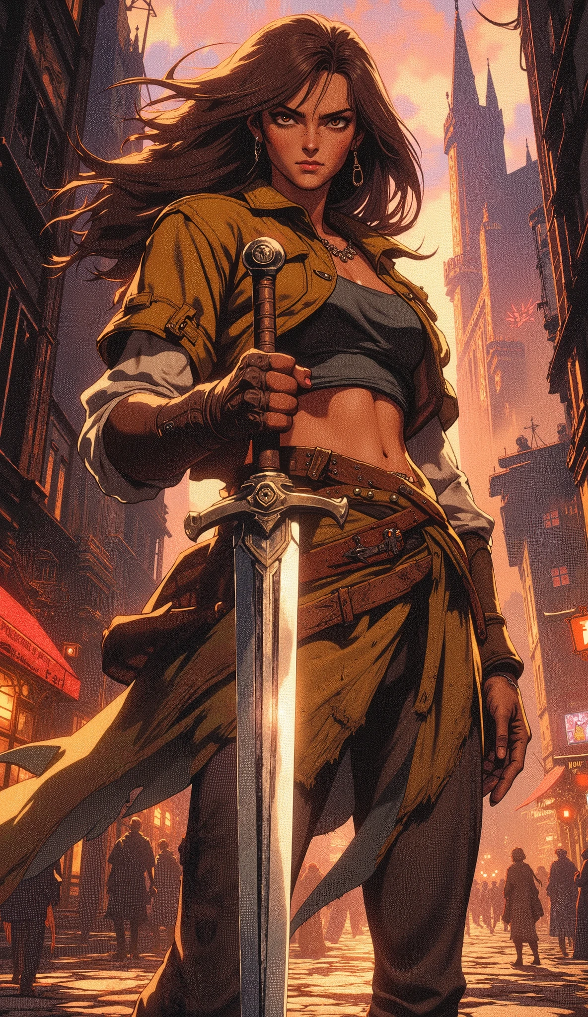 Epic character concept art of a towering, powerful female bounty hunter, captured in a full-body dynamic portrait. She possesses a strong, athletic physique with lean, defined muscles. Her long, windswept mahogany hair frames an exquisite, determined face with high cheekbones, an intense, focused gaze from amber eyes, and a single, faint scar bisecting her eyebrow.
She wears a highly-detailed fantasy-realism outfit: a weathered, mustard-yellow short leather jacket with rolled sleeves over a dark-grey crop top, showcasing her toned waist. Her arms are adorned with snug, intricately-carved wooden bracers, with a strip of frayed cloth tied to her right arm. A functional short skirt is cinched by a utility belt laden with small tool pouches, and a razor-sharp dagger is sheathed and strapped to her powerful thigh. She wears rugged, well-worn cloth boots that reach her knees.
In her right hand, she expertly grips a massive, curved greatsword with a gleaming, battle-worn blade. She stands in a powerful, impatient stance on the cobblestone streets of a sprawling, wild fantasy city at twilight. The background features towering, carved spires and a bustling, chaotic street life.
The style is of a hyper-detailed, cinematic masterpiece. Dynamic, high-contrast lighting from the setting sun and street lanterns creates volumetric light and dramatic shadows. Flawless , perfect hands with 5 fingers, ultra-sharp focus, 8K resolution, epic fantasy vibe.