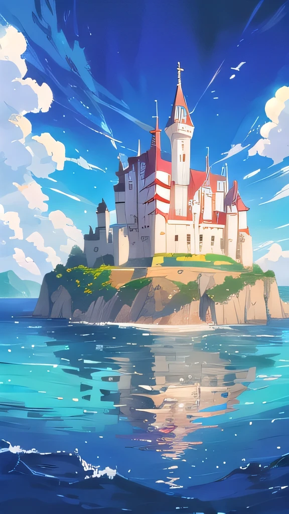 picture book illustration, watercolor storybook illustration, ((seaside castle)), (ocean beach), ((mermaid castle)), fairytale towers, clouds, vibrant pastel colors, dream, colorful, whimsical, magical, masterpiece, best quality, sharp focus, intricately detailed environment, fine detail, 8k resolution, (colorful), cute