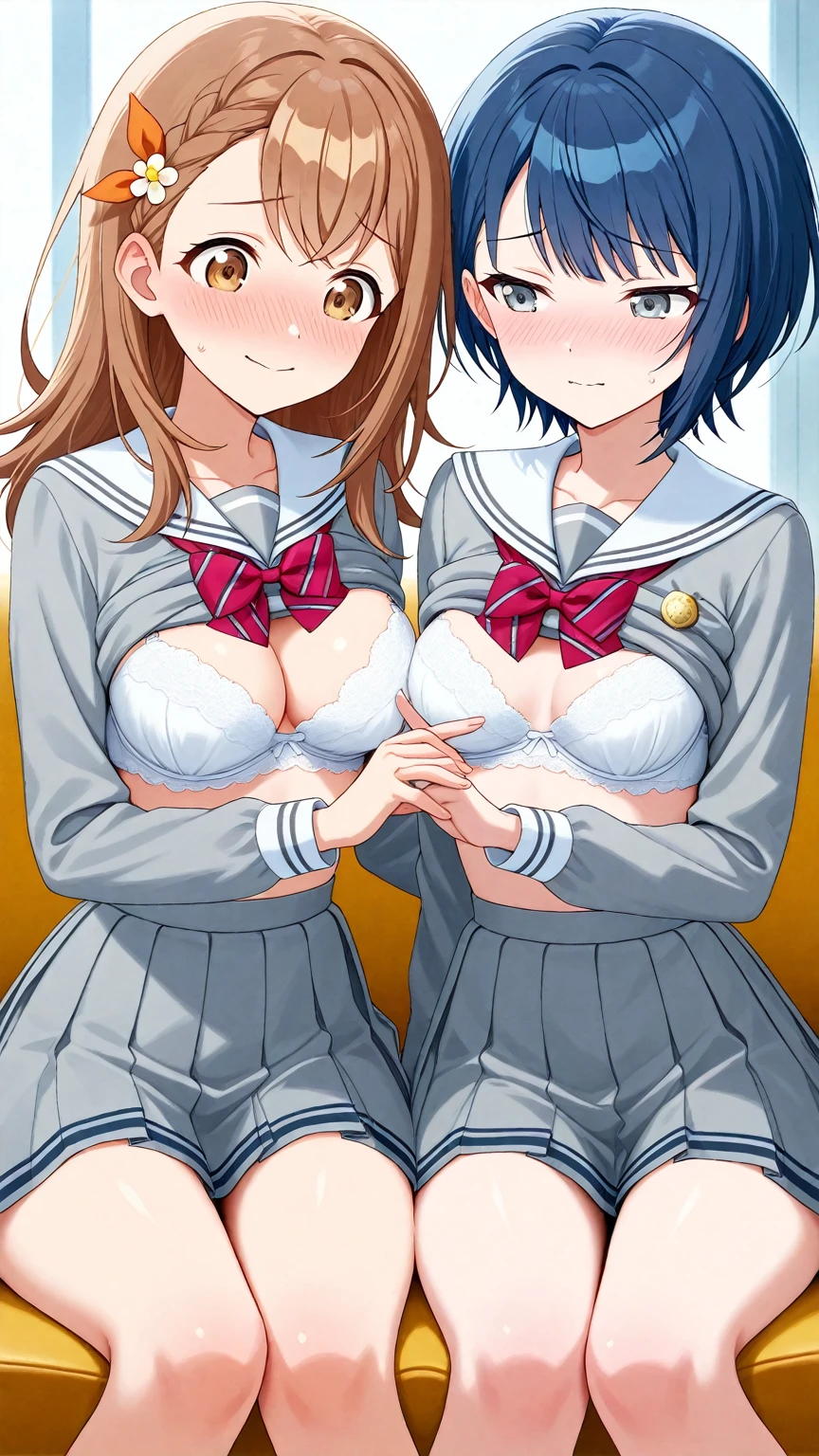 Maki nishikino,love live,highres,red hair , purple eyes,blush ,2girls ,breasts ,cowboy shot ,eye contact ,fingering ,hand on another's waist ,looking at another,nipples ,open clothes ,reach-around ,,skirt ,sweat ,tears ,yuri