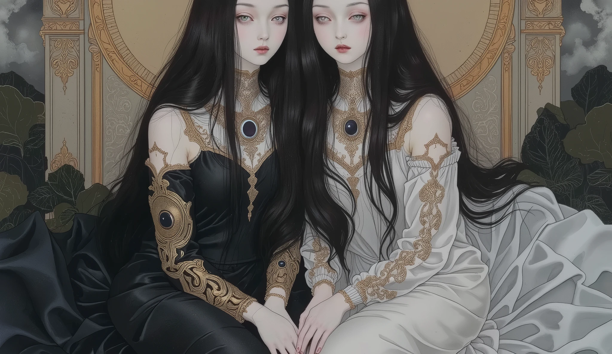 Twin Souls,2girl,black hair,wearing black dress,doll-like,melancholic,depression,pale skin,dramatic,vivid color,horror and beautifull,by gustavklimt