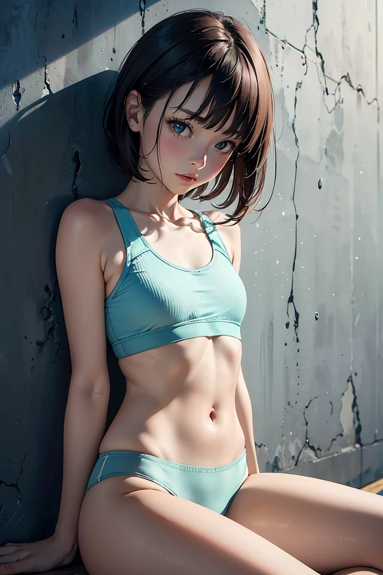 ((View: American plan, professional art, young woman 19 years old, Meica05, short light brown hair with a 4-point star brooch on the right side, heterochromia: very light luminous brown right eye and luminous light green left eye, complexion thin, perfect body, symmetrical and happy face, she is very daring, sensual and innocent, she is always in daring sexual positions, white top and wears very short black mini-lycra and transparent-black stockings to the thigh of the right leg and knee in left leg, intricate details, 50mm, high contrast of light and shadows, shallow scattering, PBR texture, post-processing, anisotropic filtering, depth of field, rear side sunlight))