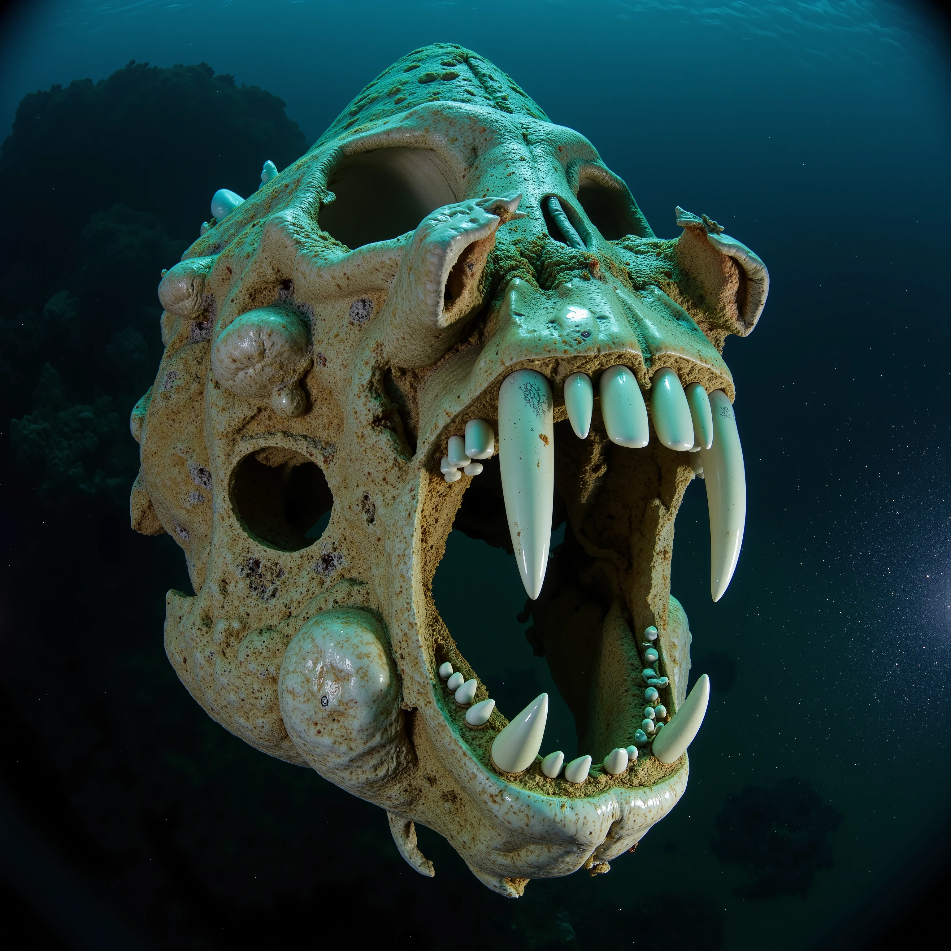 APEX PREDATOR DETAILS: Ultra-close documentation of massive marine predator skull features and battle-damaged vessel, combining all key aspects in multiple dramatic angles.
DENTAL & BATTLE STRUCTURE:
- Massive fangs showing crystallized mineralization
- Deep scoring marks across skull suggesting ancient battles
- Teeth variations: front fangs (2m long), rear crushing molars
- Visible nerve channels in exposed jaw bone
- Battle-scarred bone surface with healed fractures
- Ancient bite marks from rival predators
SKULL & SHIP INTERACTION:
- Bow timbers splintered through skull cavity
- Ship's oak beams crushed between massive teeth
- Figurehead wedged in predator's upper palate
- Ancient copper hull plates warped around bone
- Skull crushing through multiple deck levels
- Preserved impact pattern in bone structure
PRESERVED DETAILS:
- Deep-sea mineral deposits creating natural preservation
- Coral colonies growing in eye sockets
- Sea life inhabiting jaw cavities
- Partially fossilized bone texture
- Ancient barnacle clusters on exposed surfaces
- Sediment patterns revealing bone structure
ATMOSPHERIC CAPTURE:
- Multiple ROV light sources creating dramatic shadows
- Natural deep-sea particulate
- Bioluminescent creatures investigating scene
- Dark water gradients
- Silt clouds revealing depth
- Ethereal blue-green ambient light
TECHNICAL EXCELLENCE:
- Ultra-macro photography
- Multiple angle documentation
- Scientific measurement references
- Natural underwater physics
- 8K resolution detail
- Professional archaeological lighting